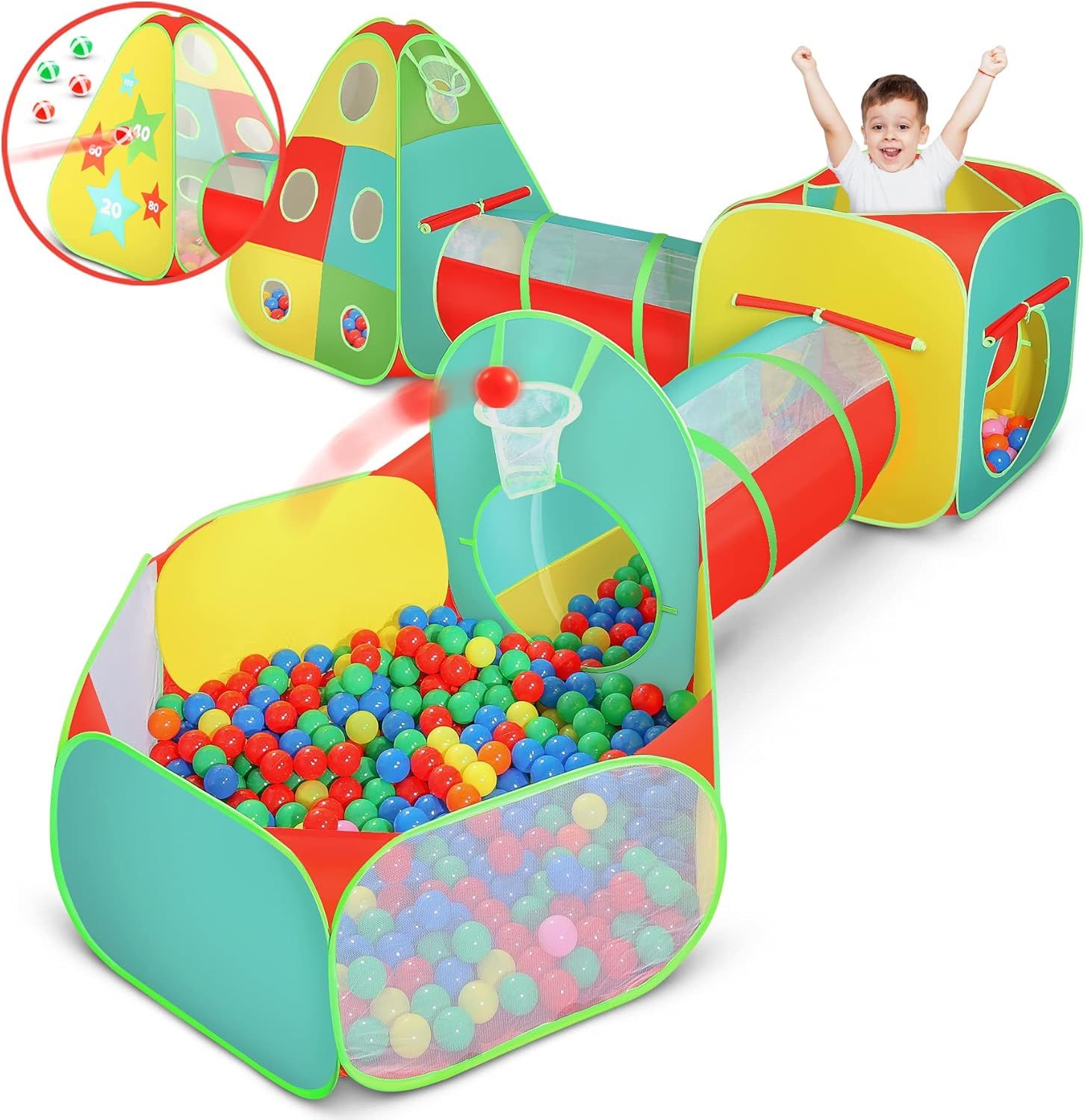 5-Piece Multicolor Kids Play Tent with Ball Pit and Tunnel