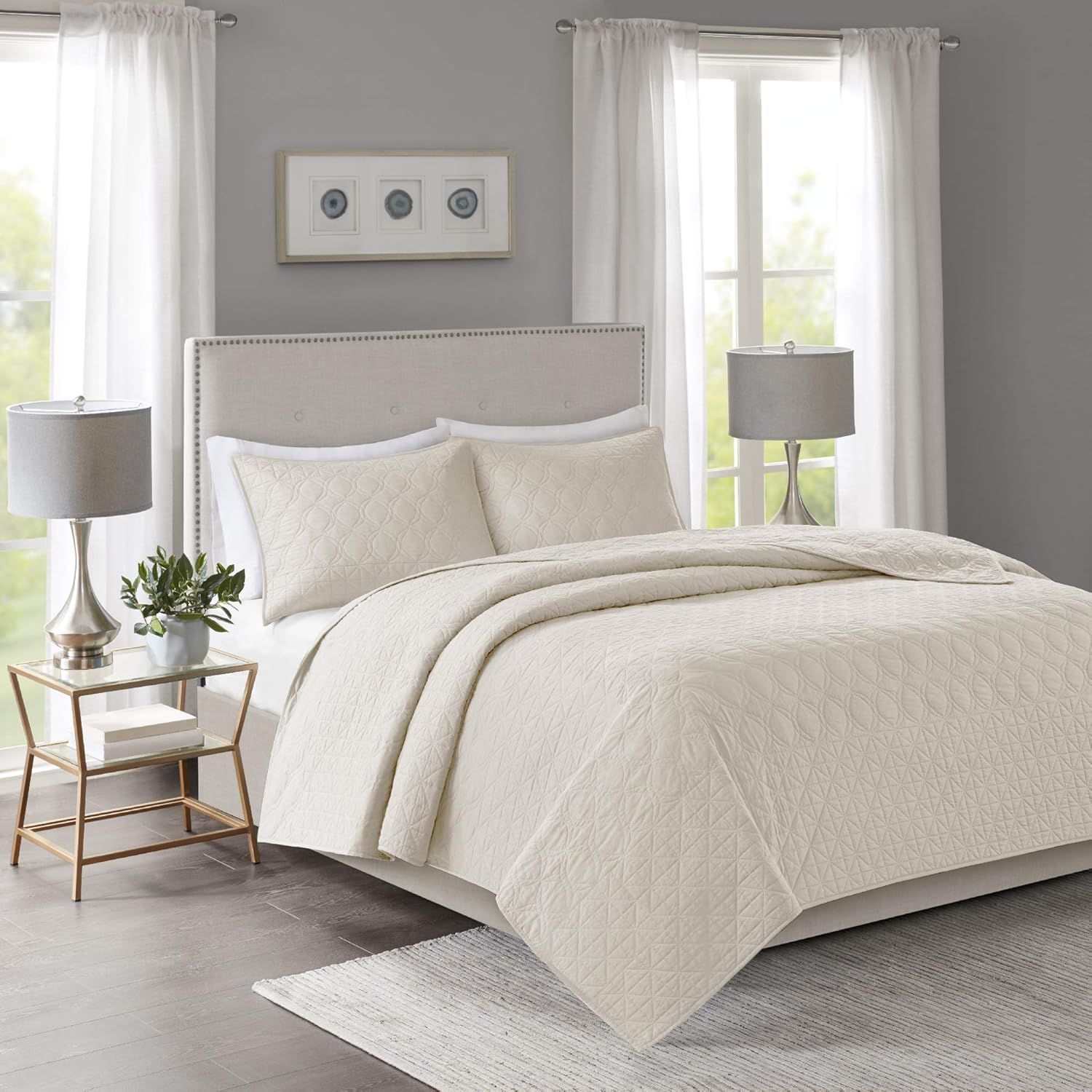 Ivory Geometric Quilted Reversible Full Coverlet Set