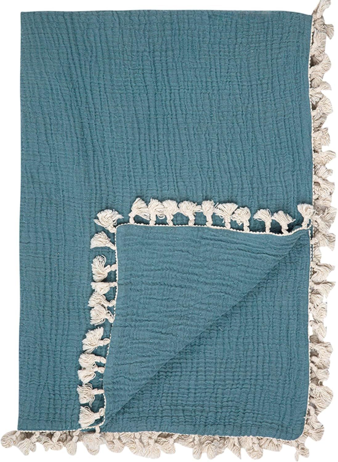 Riverstone Blue Cotton Muslin Baby Blanket with Fringe Trim