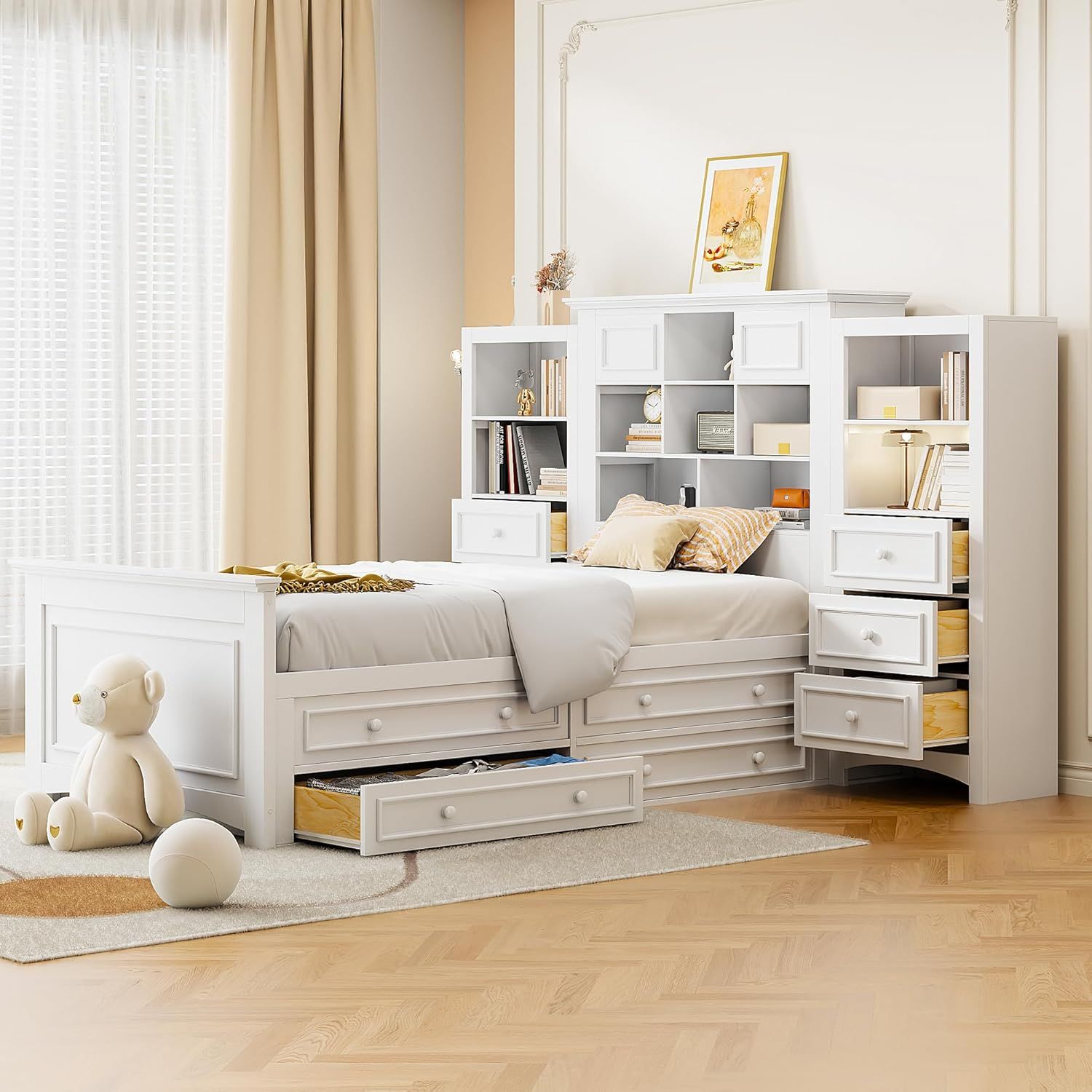 White Twin Wood Platform Bed with Bookcase Headboard and Storage Drawers