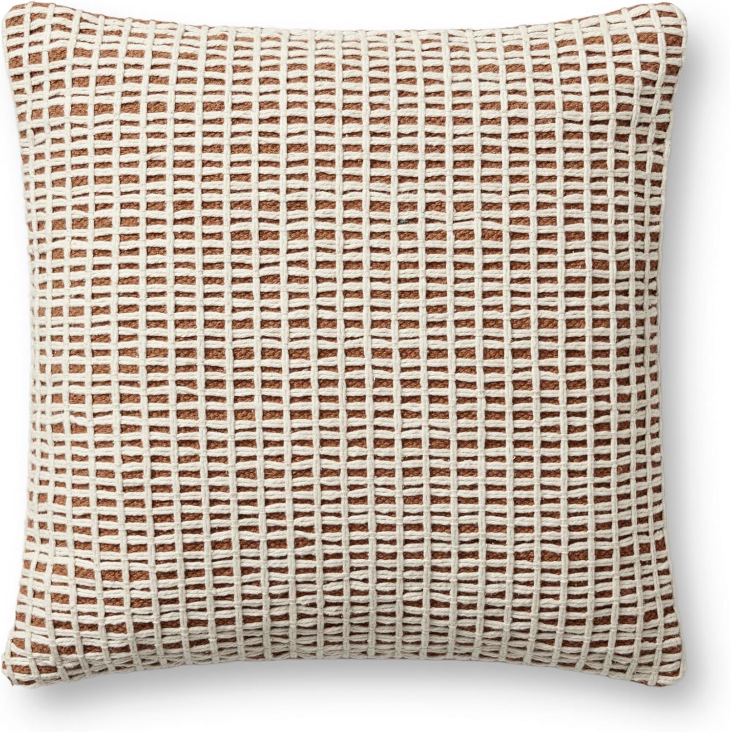 Ivory Grid Textured Orange Cotton Polyester Square Pillow 18''