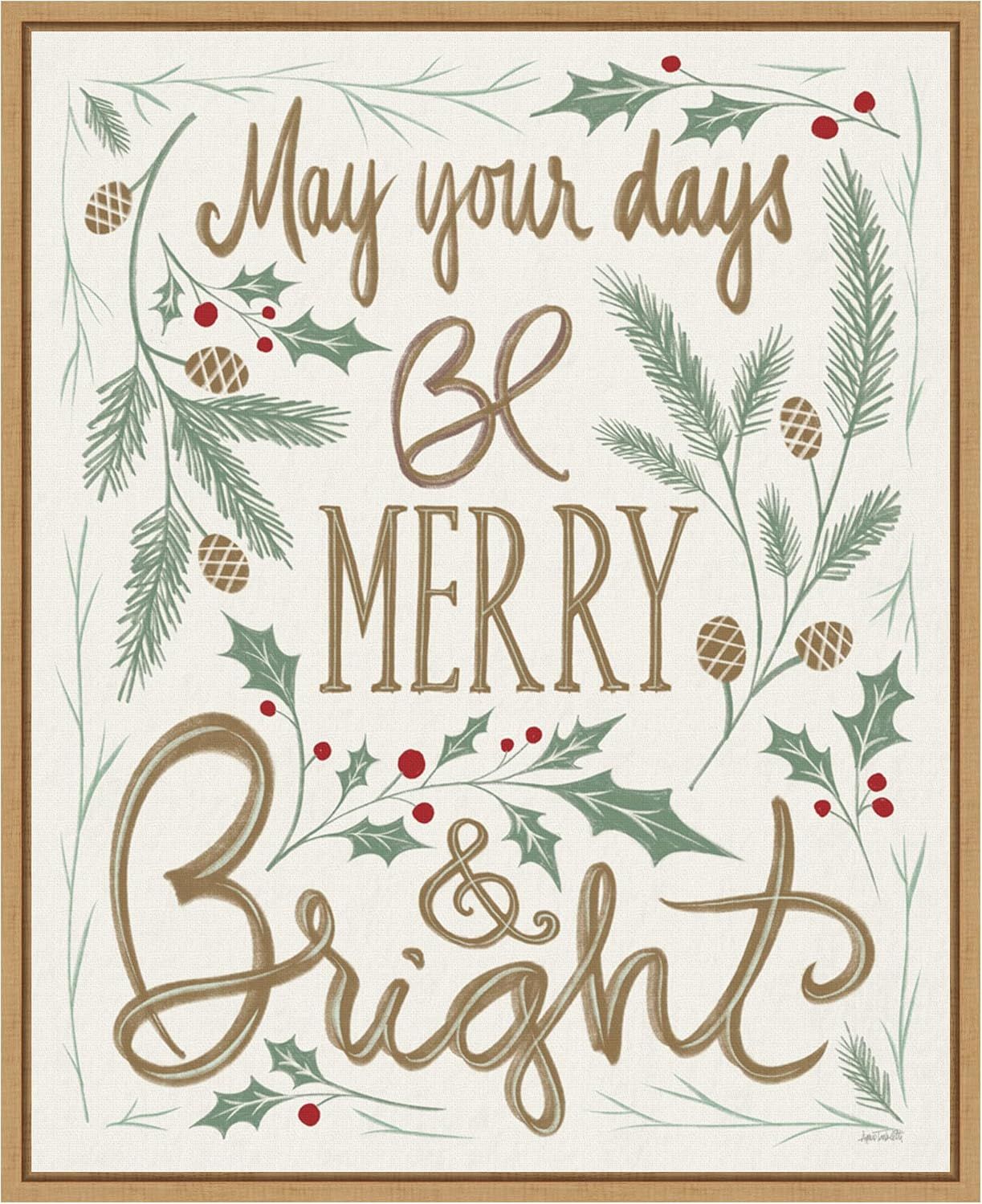 Merry and Bright Holly Christmas Canvas Framed Wall Art