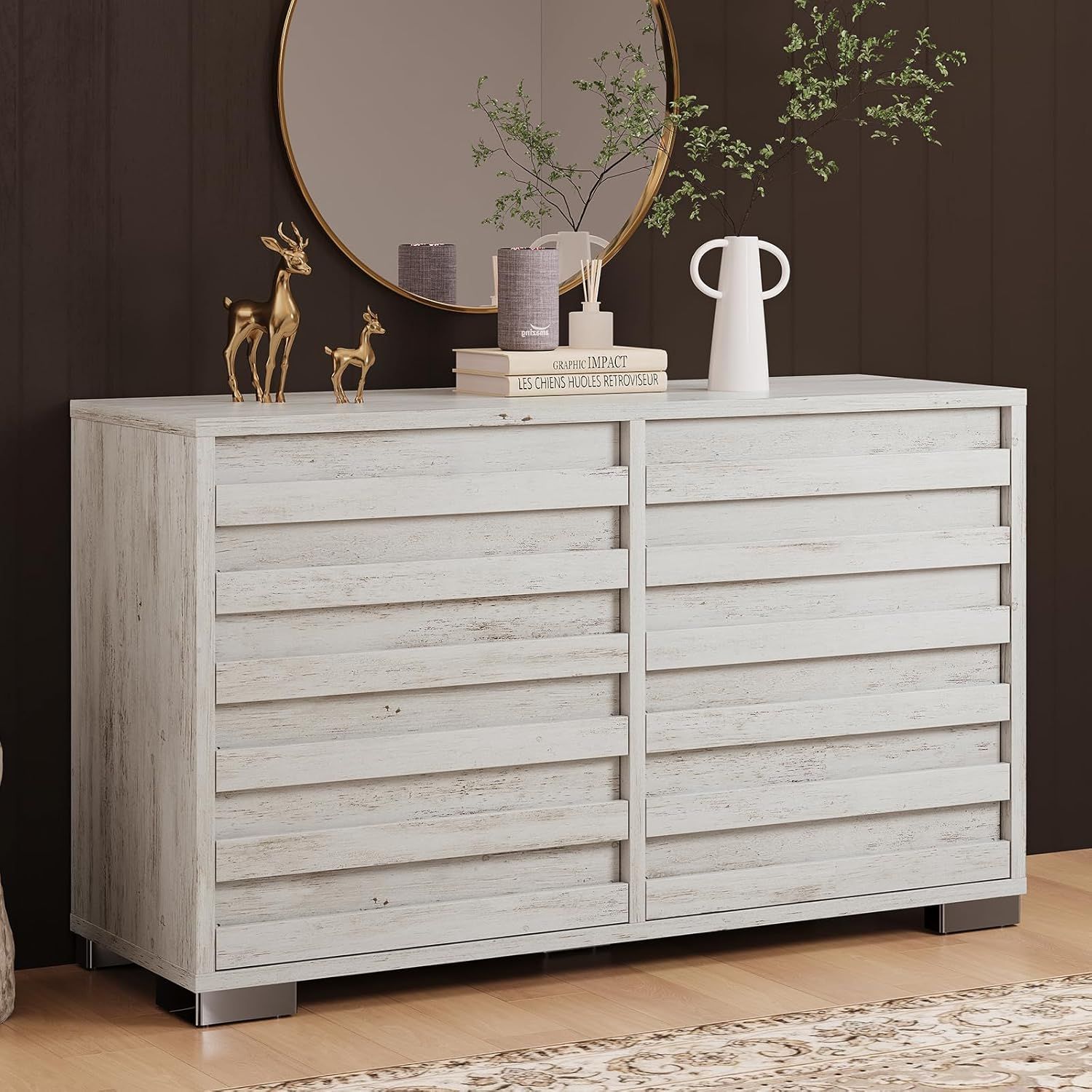 Farmhouse 6 Drawers Dresser for Bedroom, Chest of Drawers with Hidden Handles & Quick Install with Pre Installed Slide, 54" Rustic TV Stand for Living Room, Entryway, Distressed White