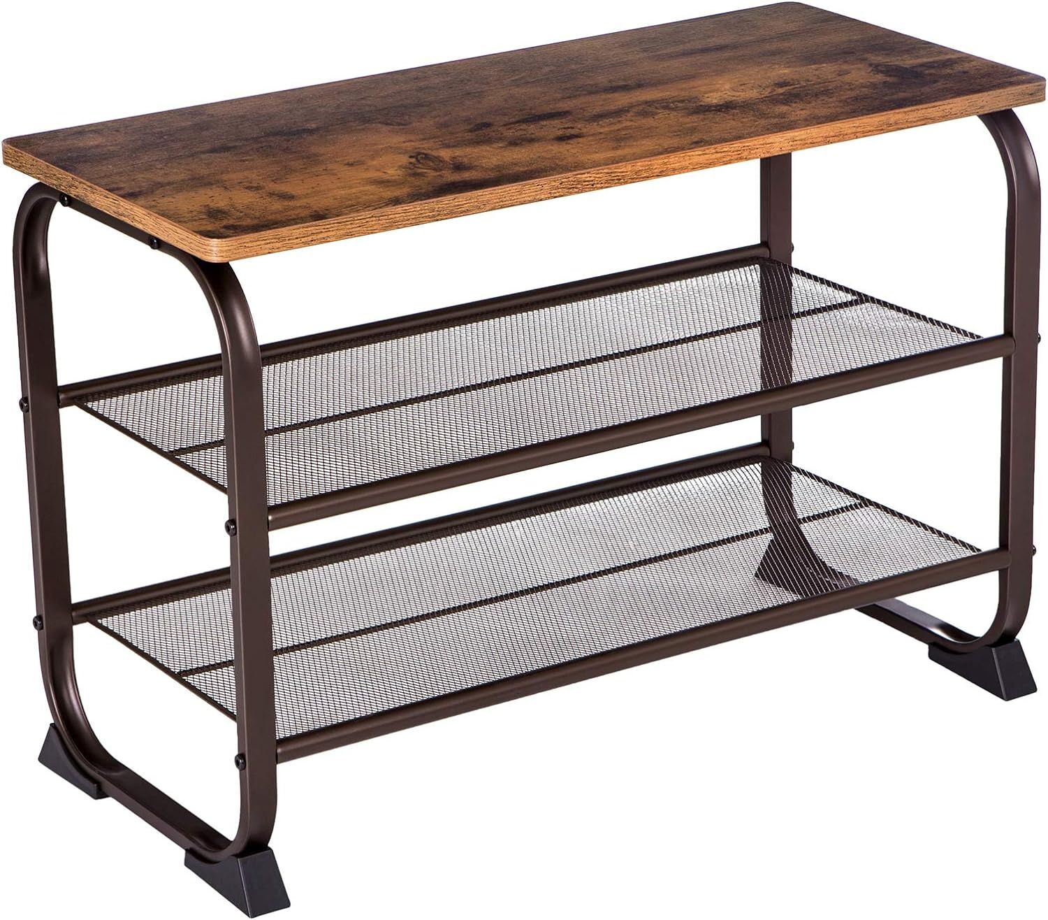 Rustic Brown Steel Frame 3-Tier Shoe Bench with Storage