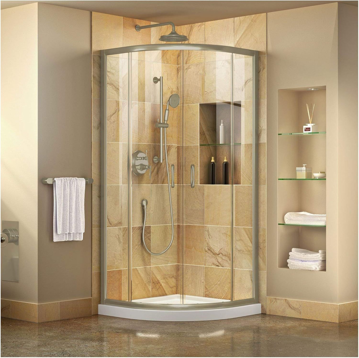 Prime 38" Brushed Nickel Clear Glass Sliding Shower Enclosure with White Base