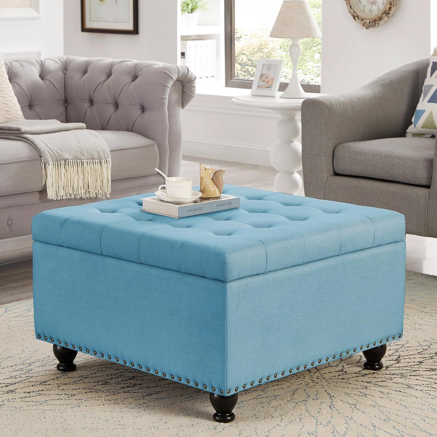 Light Blue Linen Upholstered Square Storage Ottoman with Nail Trim