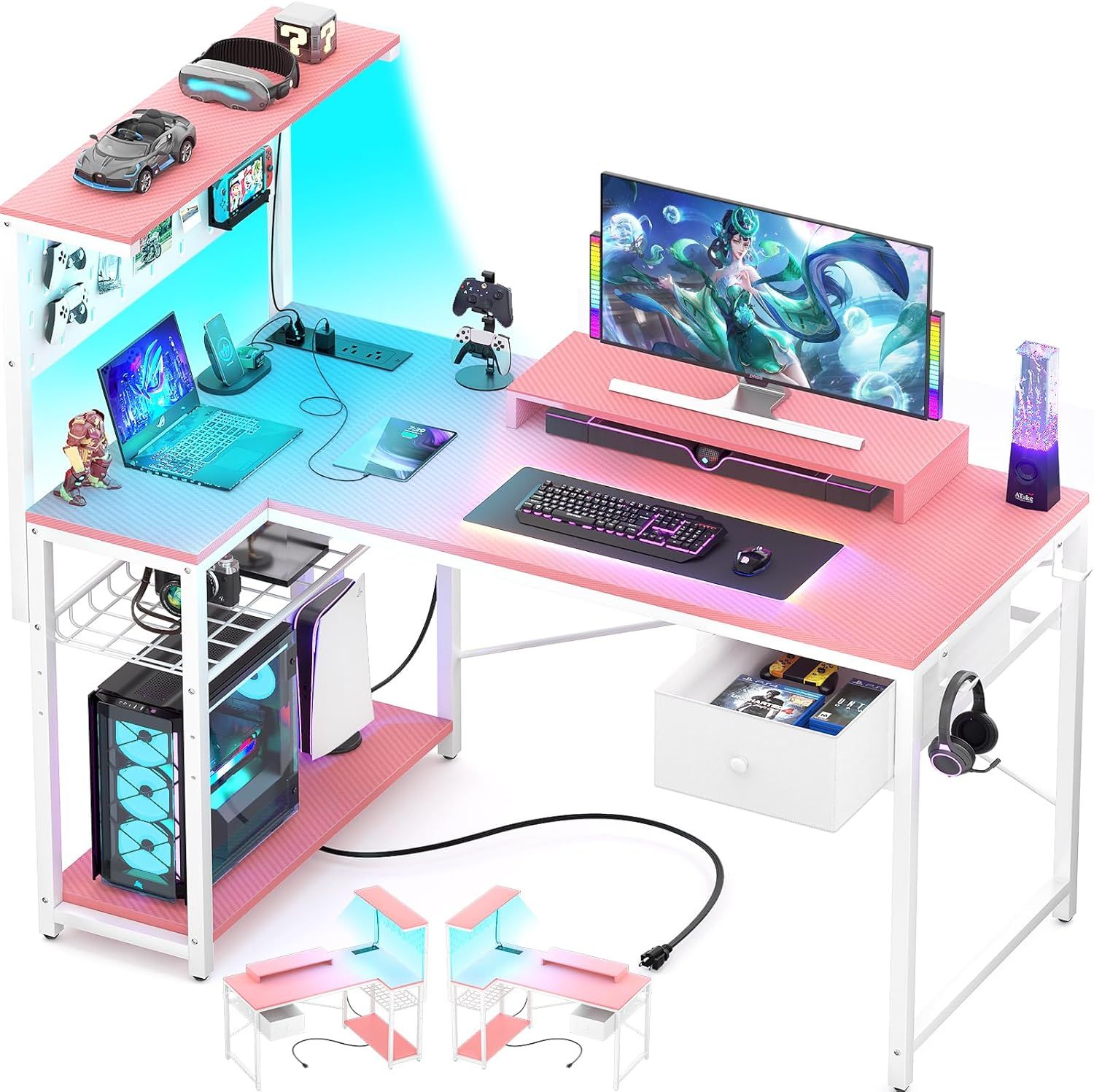 Pink L-Shaped Gaming Desk with Drawer and Power Outlet