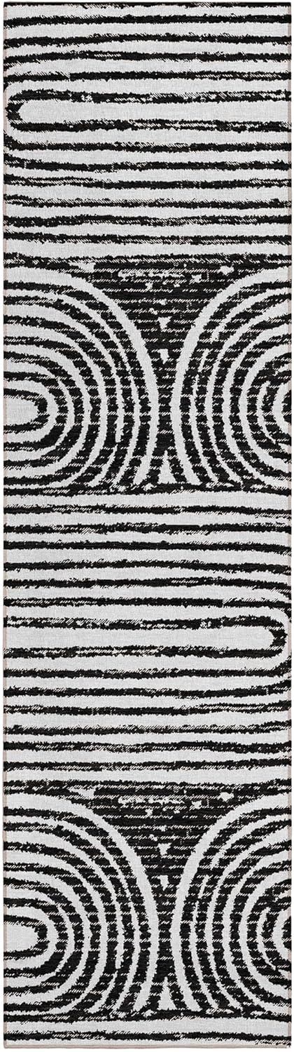 Black and White Synthetic Abstract Washable Runner Rug