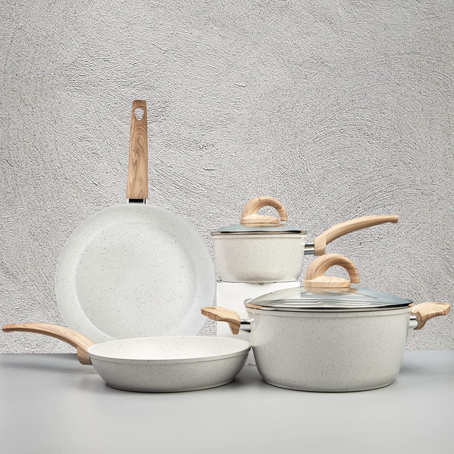 White Ceramic Non-Stick Cookware Set with Wood Handles