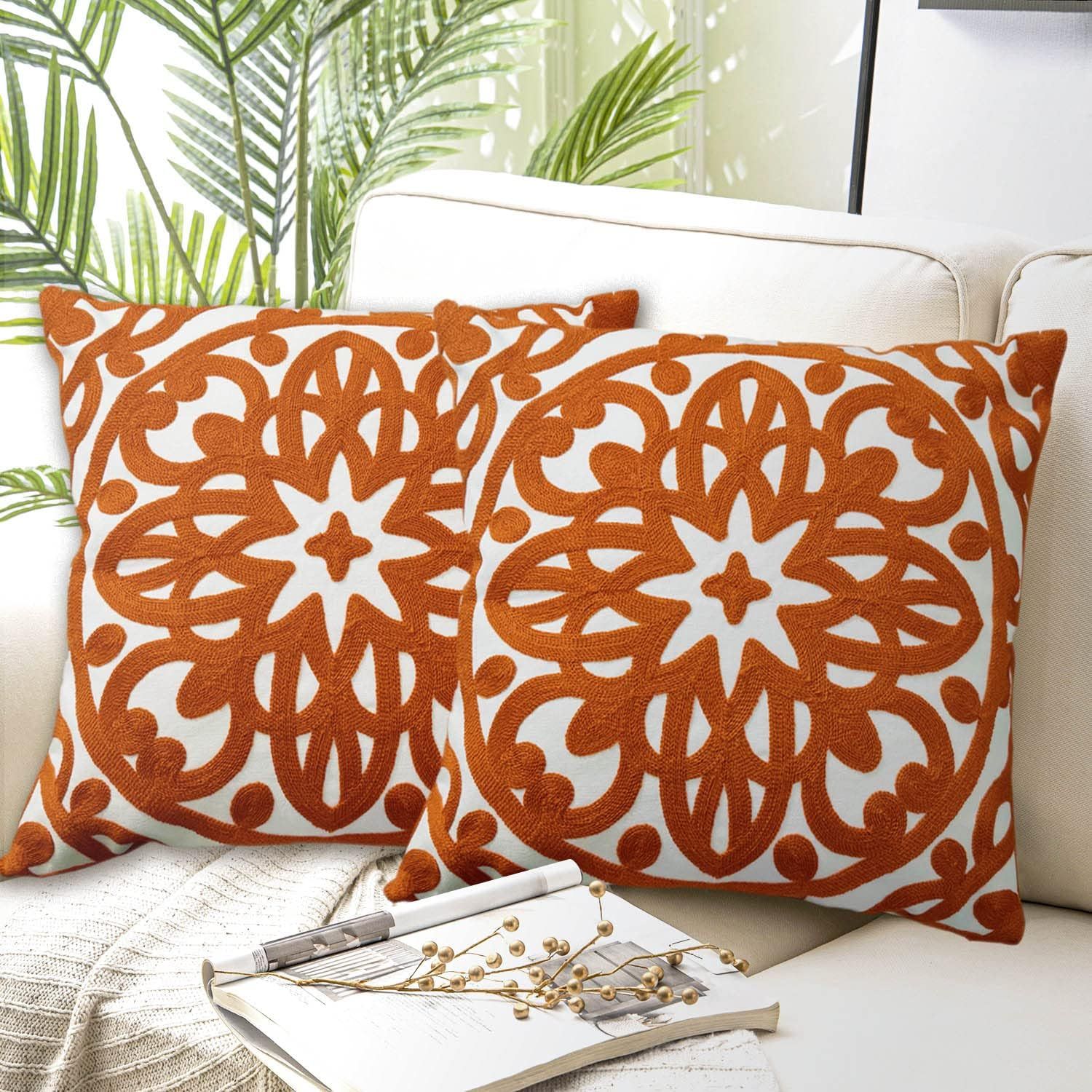 Burnt Orange Embroidered Cotton Euro Throw Pillow Covers