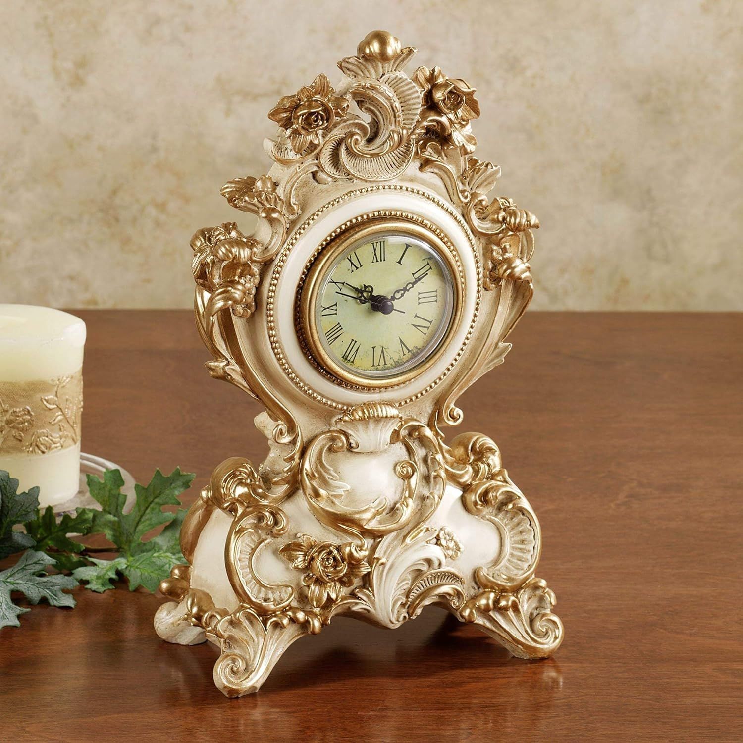 Ivory and Gold Victorian Resin Heart Mantel Clock