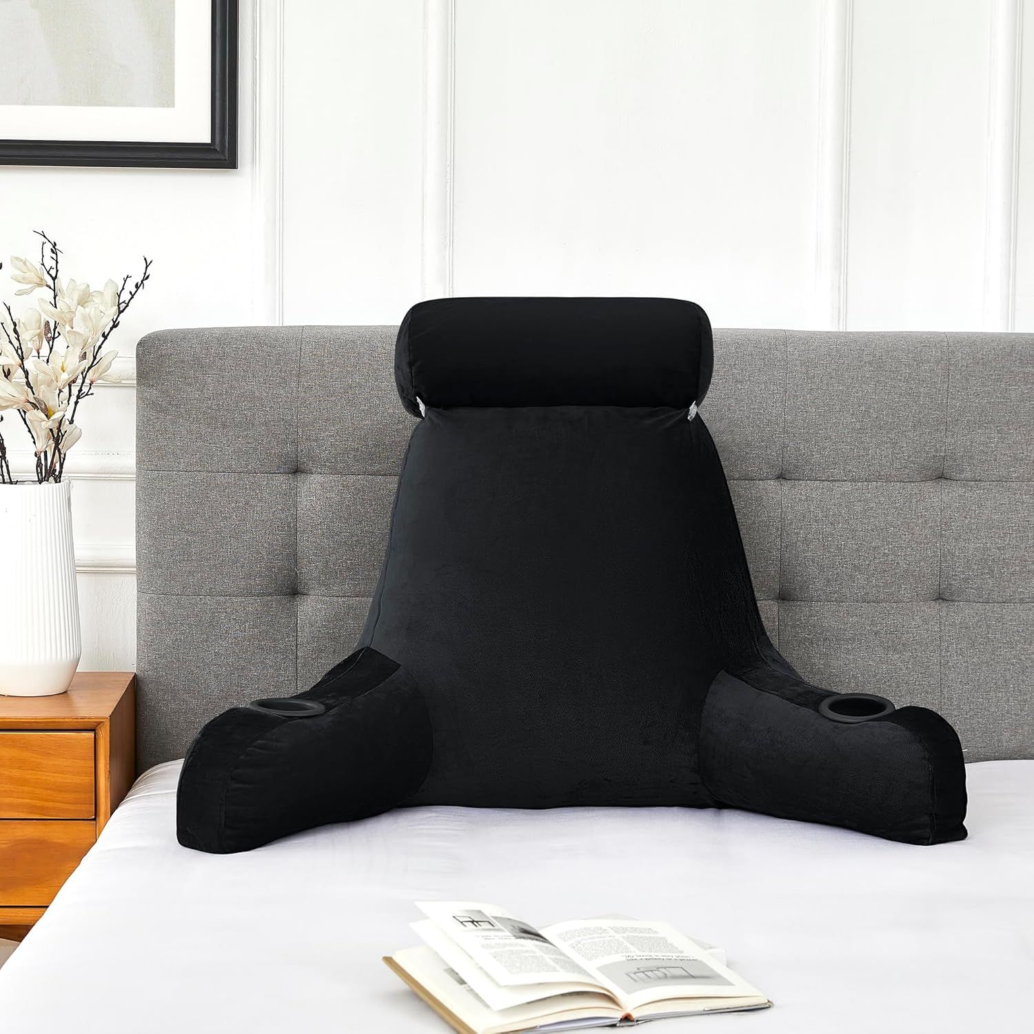 Extra Large Black Velvet Reading Pillow with Cup Holders