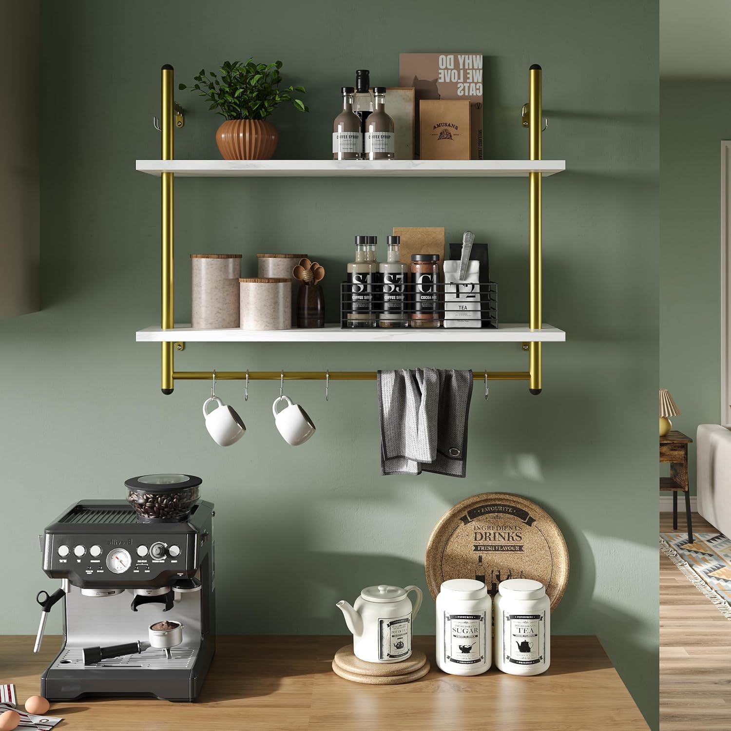 White Marble Floating Wall Shelf with Towel Bar and Hooks