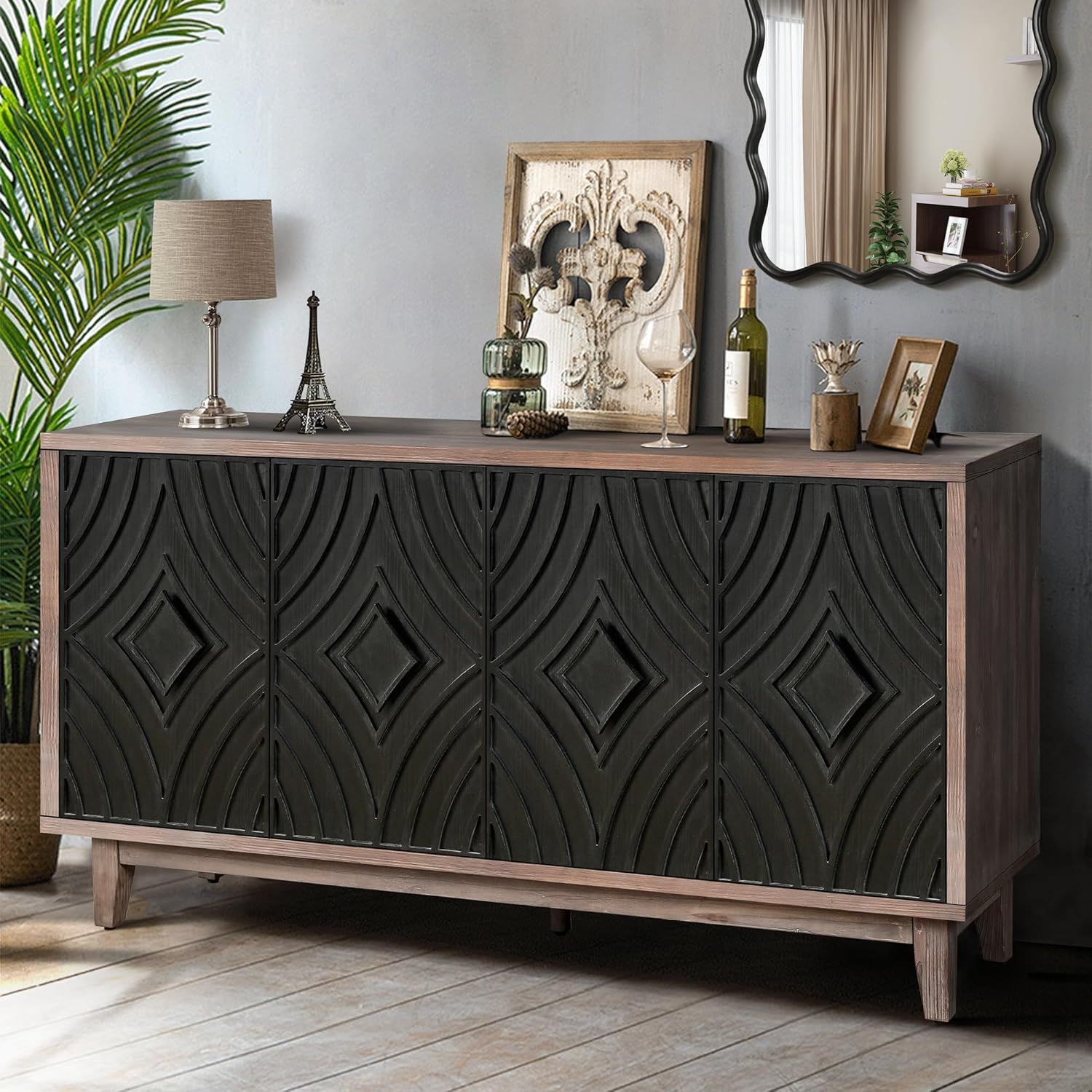 Mid-Century Black and Walnut Sideboard Buffet Cabinet with Diamond Pattern Doors