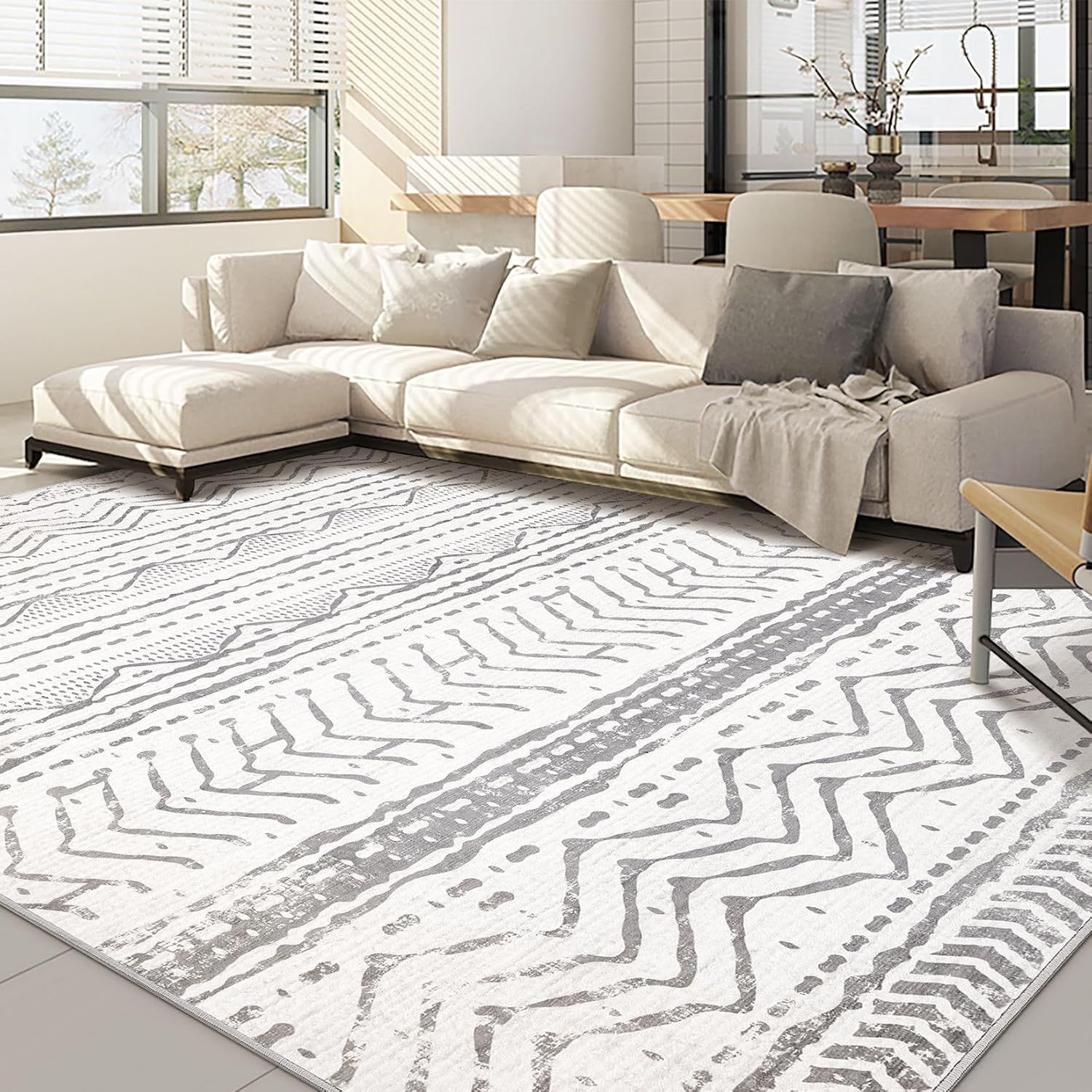 Gray and White Flat Woven Washable Wool Area Rug 5' x 7'