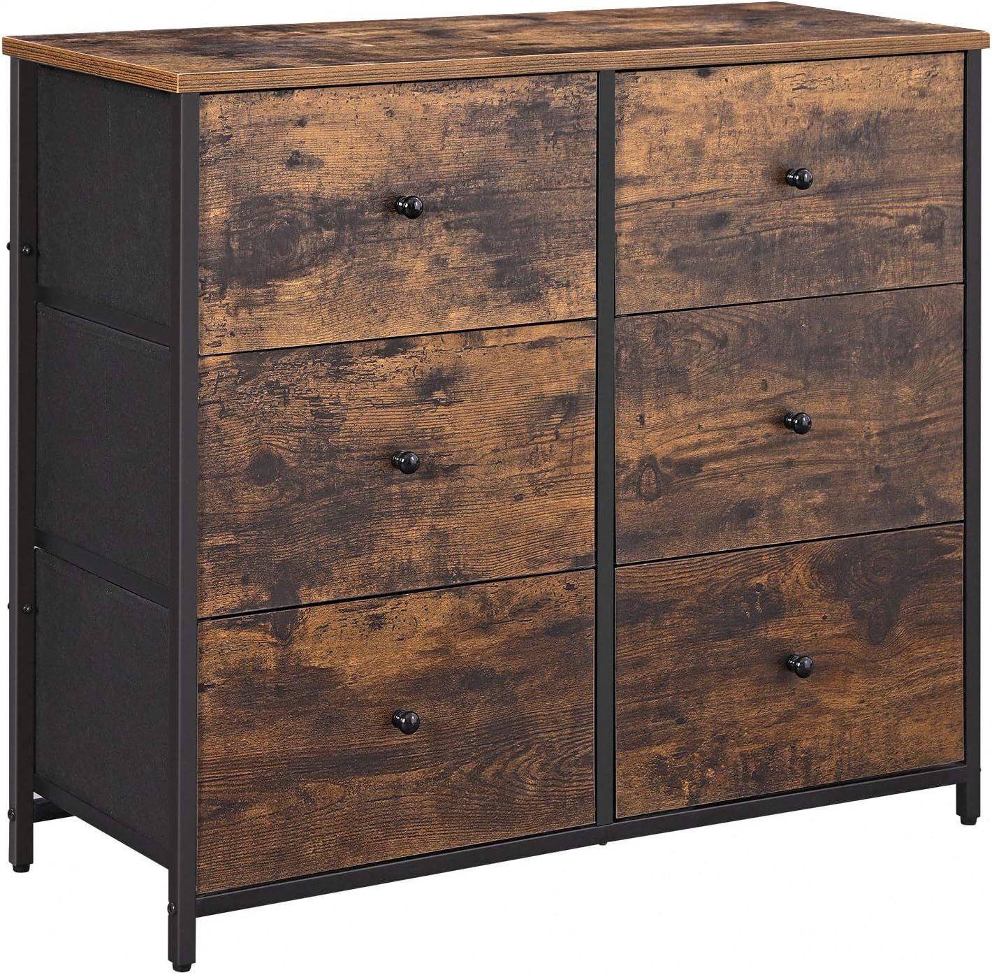 Rustic Brown and Black 6-Drawer Fabric Dresser with Metal Frame