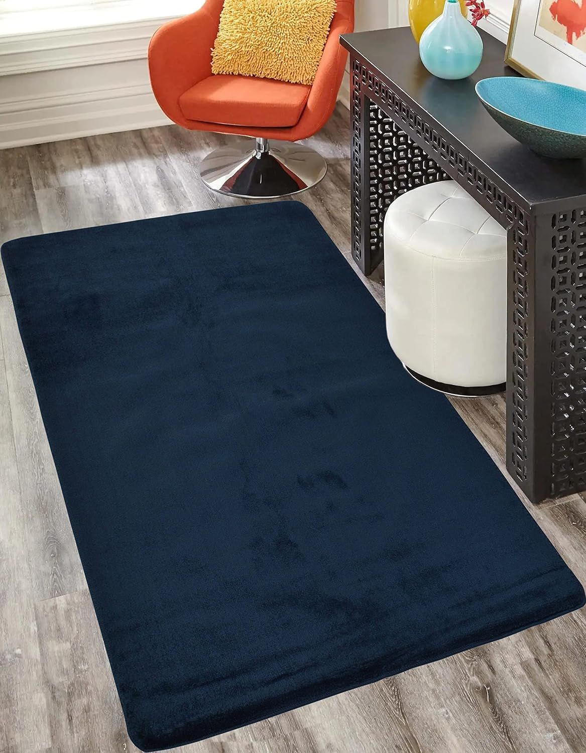 Navy Blue Medium Pile Machine-Made Washable Area Rug