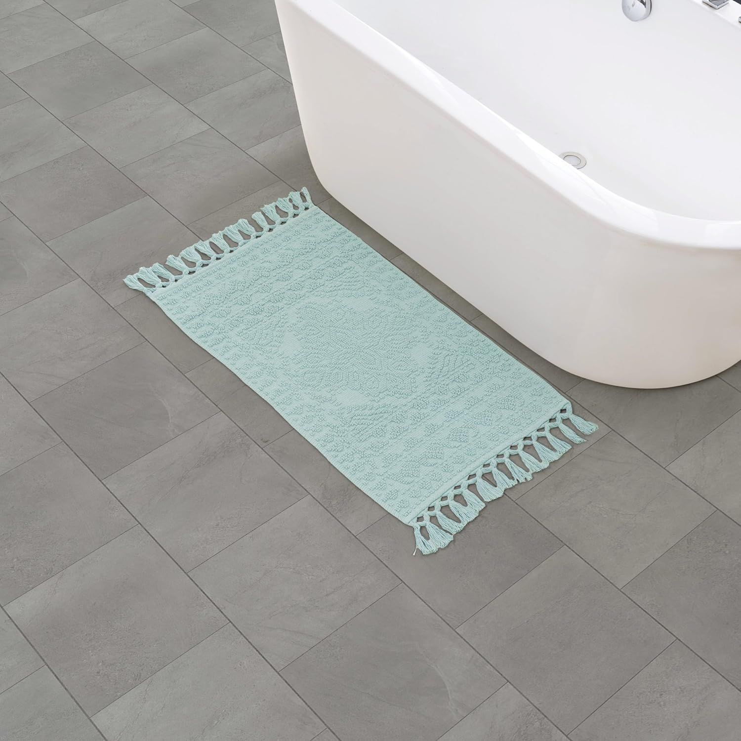 Light Blue Woven Cotton Fringe Bath Rug 20" x 34"