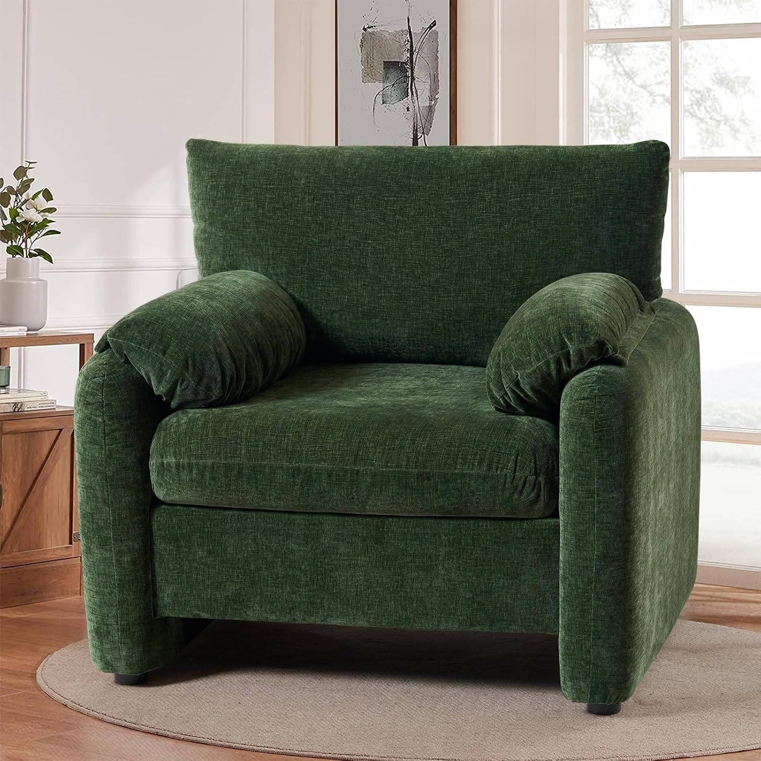 Green Chenille Oversized Accent Chair with Wood Trim