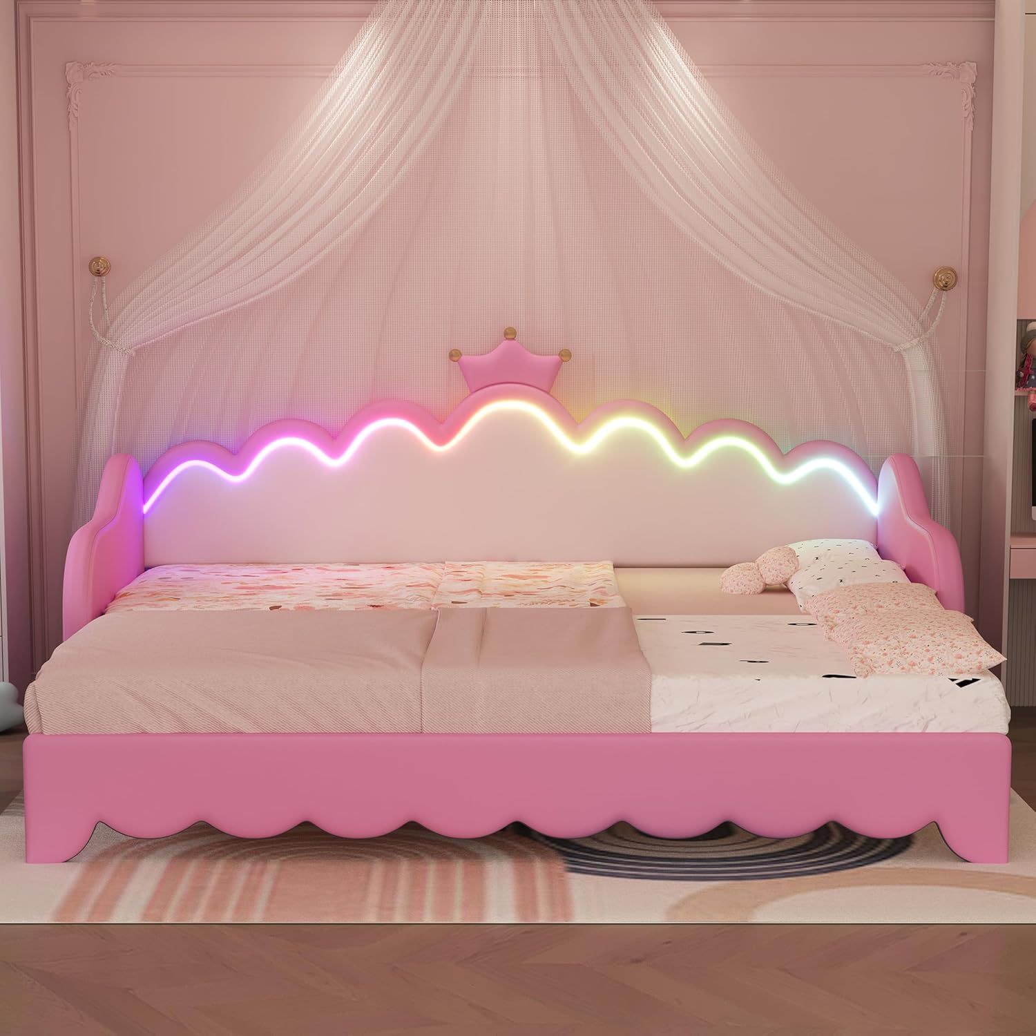 Pink Twin Upholstered Daybed with LED Crown Headboard