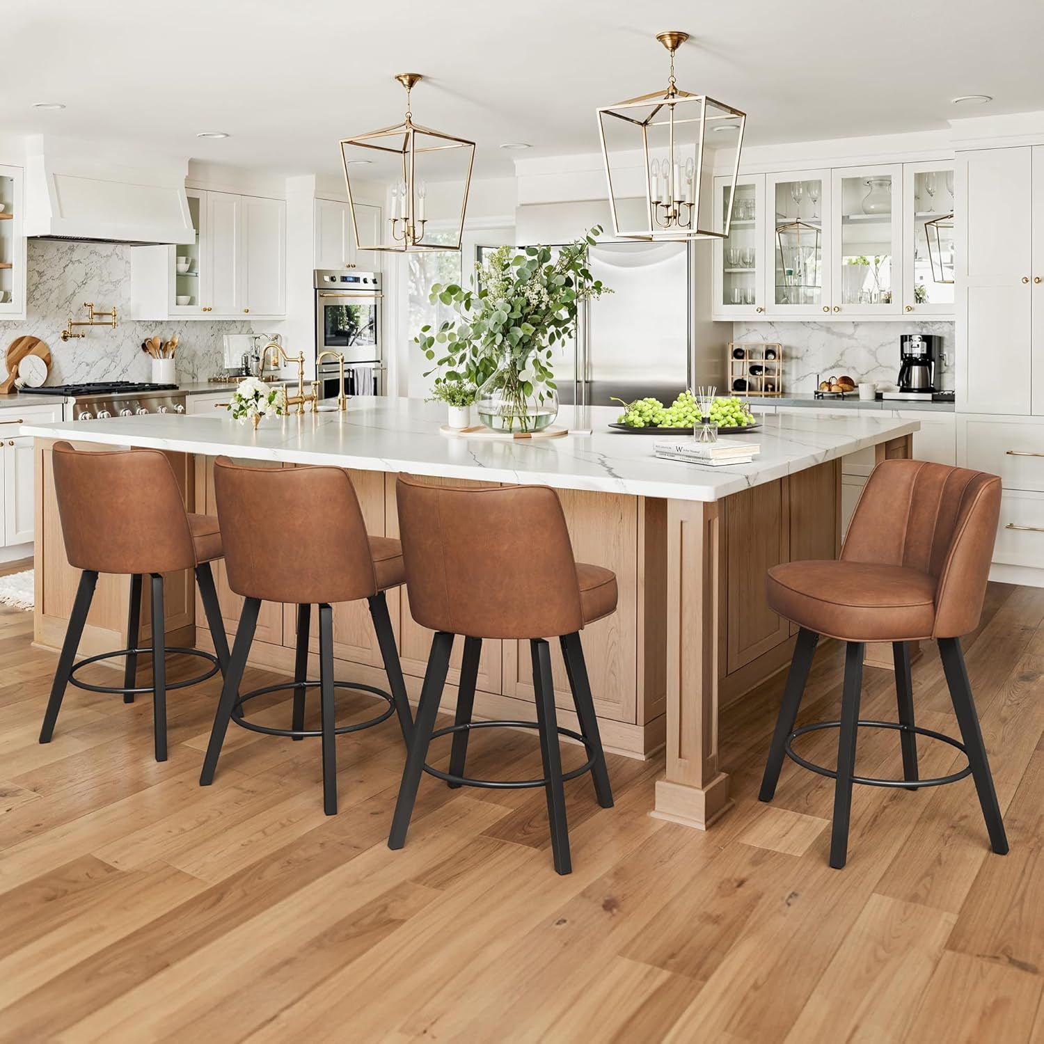 Brown Faux Leather Upholstered Swivel Wood Bar Stools, Set of 3