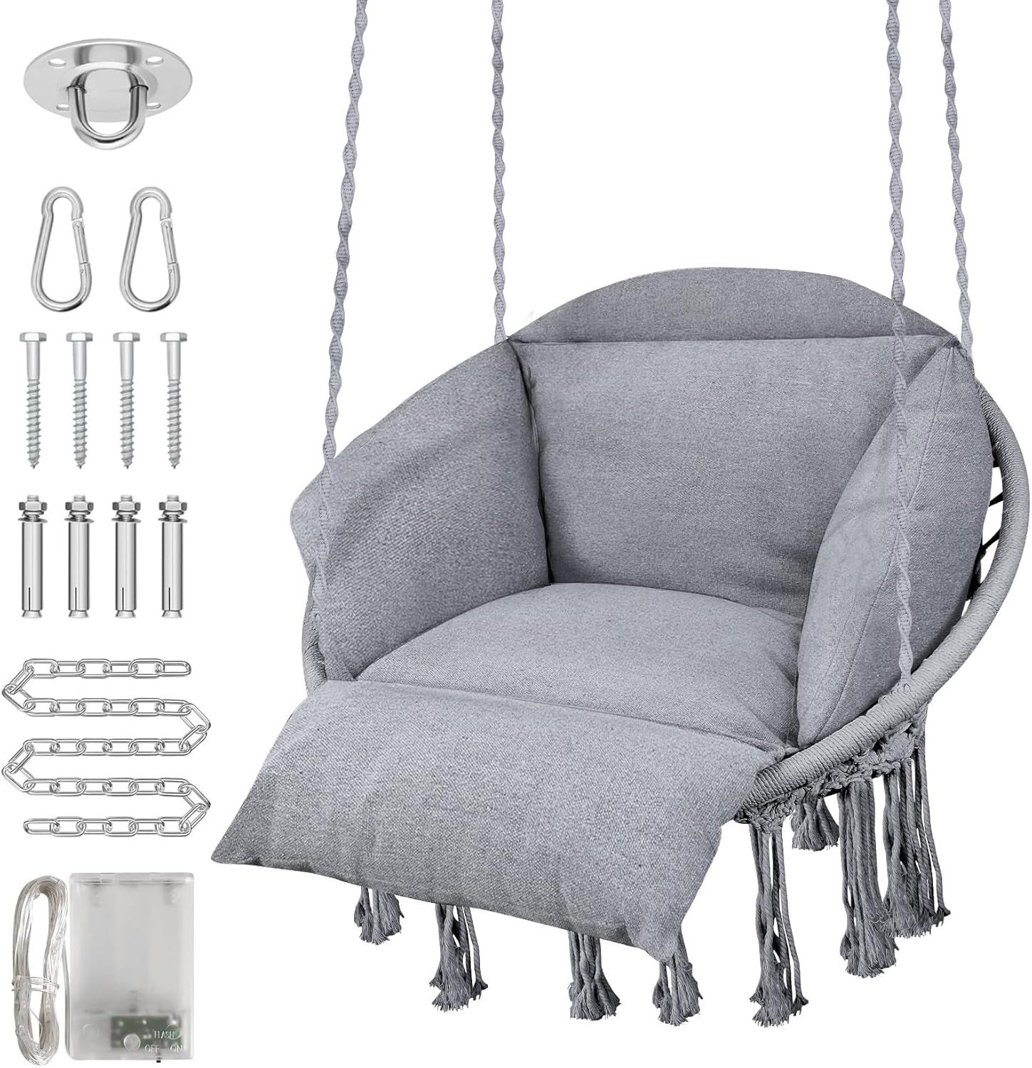 Grey Handwoven Cotton Rope Macrame Hanging Chair with Cushions