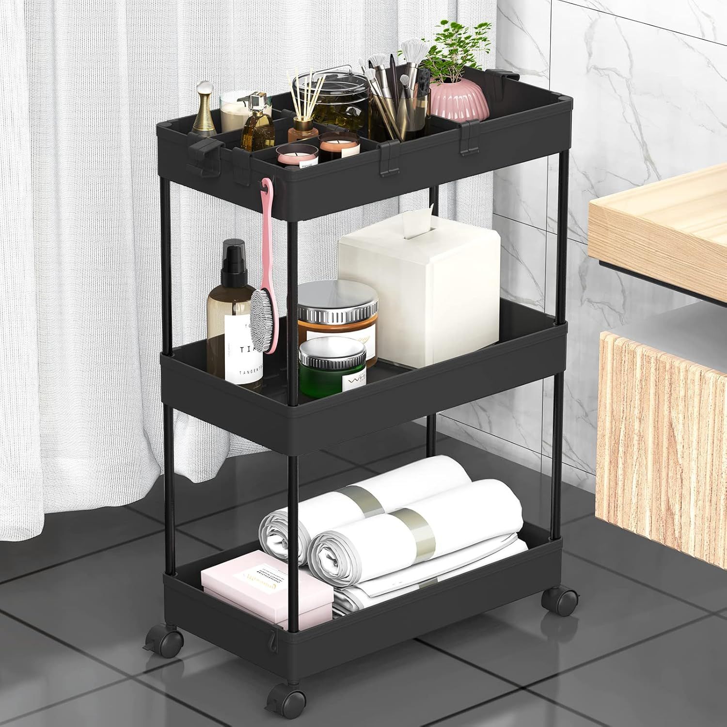 Black 3-Tier Rolling Plastic Storage Cart with Wheels