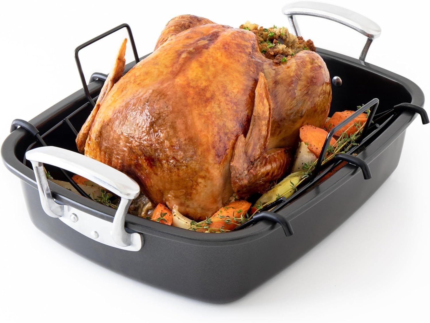 Extra-Large Grey Non-Stick Carbon Steel Roasting Pan with Handles and Rack