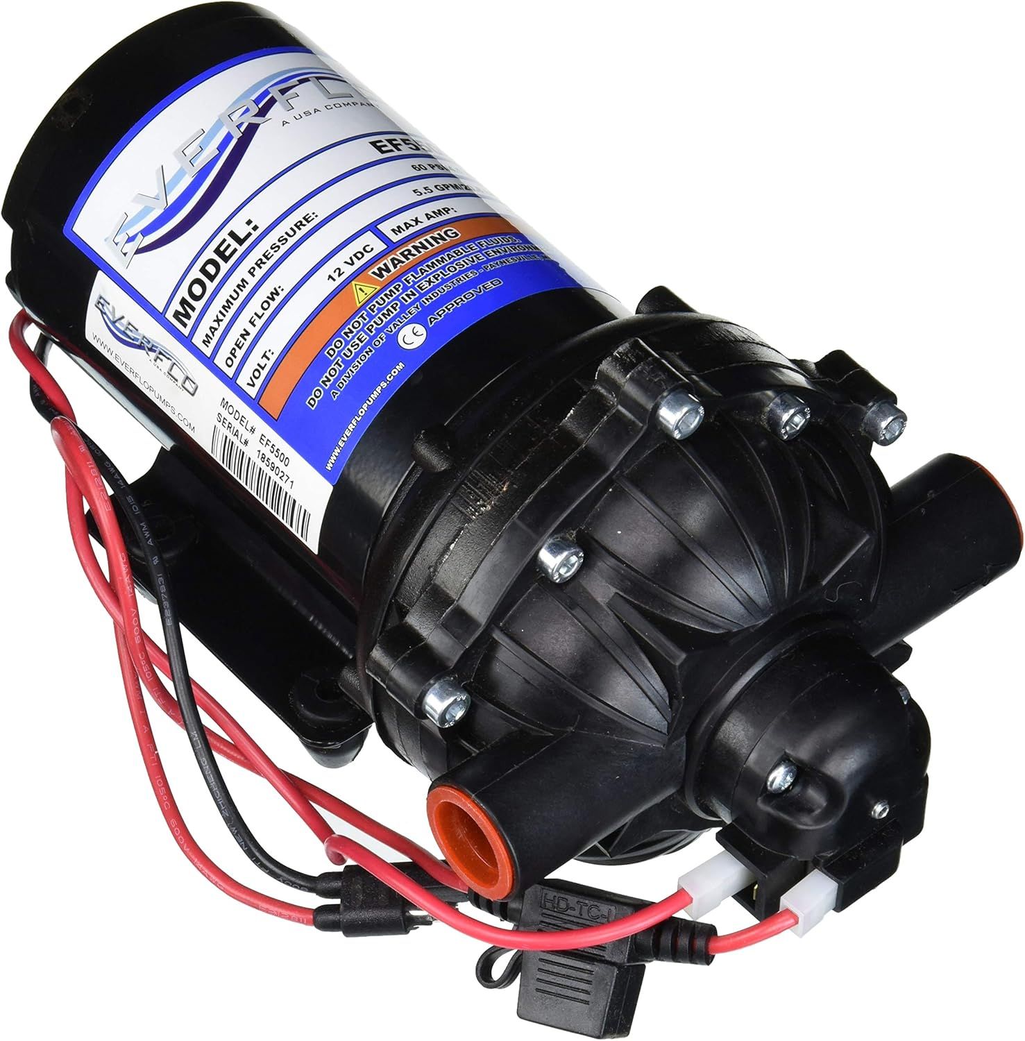 Everflo 12V Black Polypropylene Diaphragm Pump with 1/2 FNPT Connection