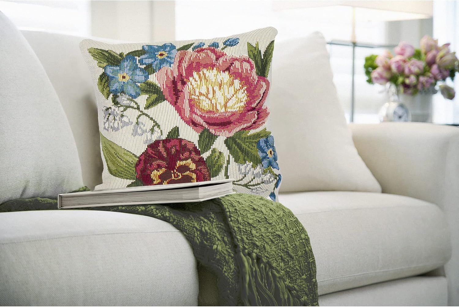 Cream Floral Indoor/Outdoor Square Pillow with Hidden Zipper