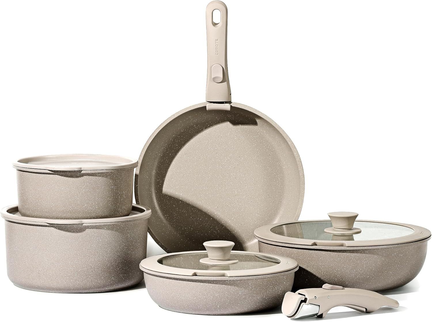 Taupe Granite Nonstick 11-Piece Cookware Set with Detachable Handle