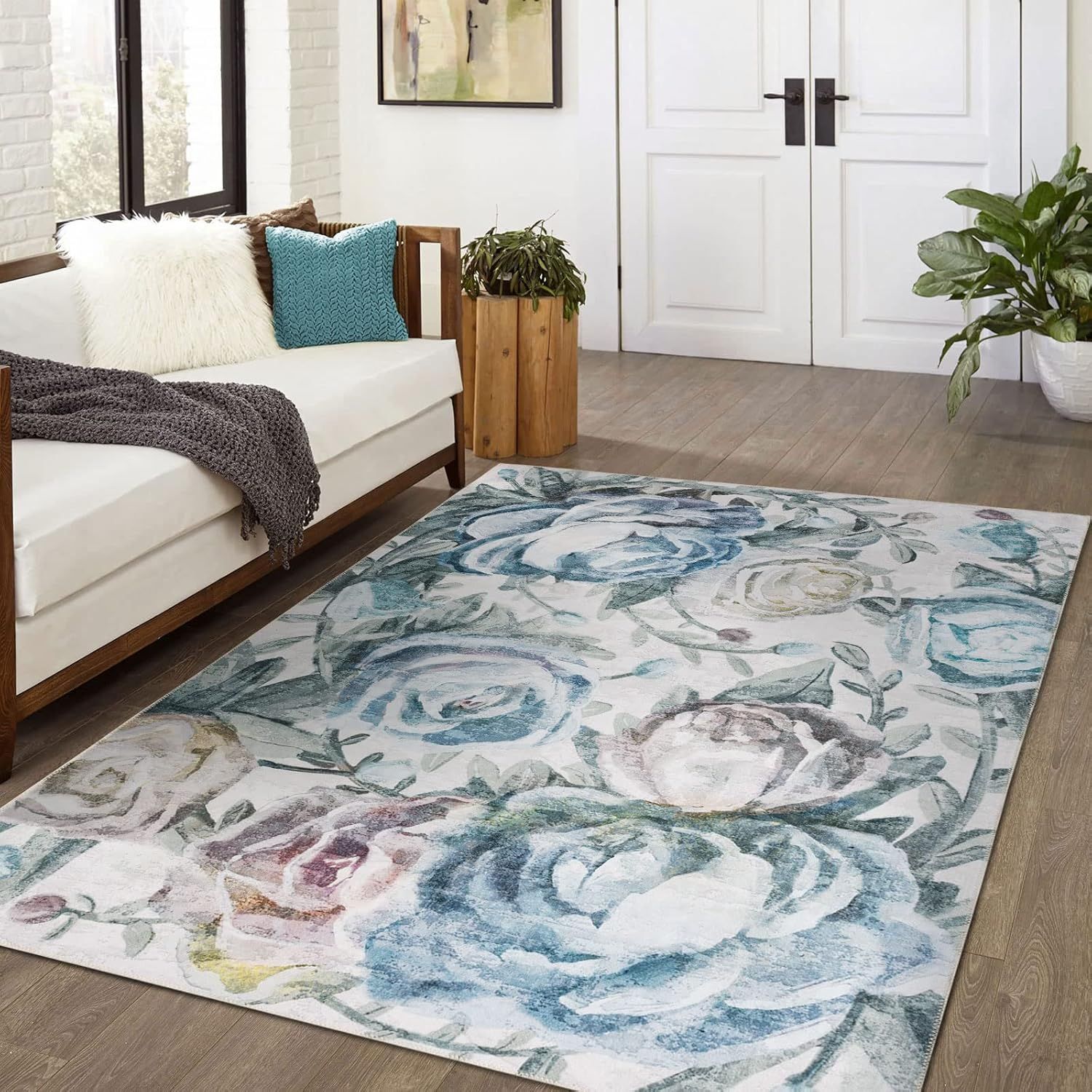 Blue Floral Synthetic Machine-Woven Washable Area Rug