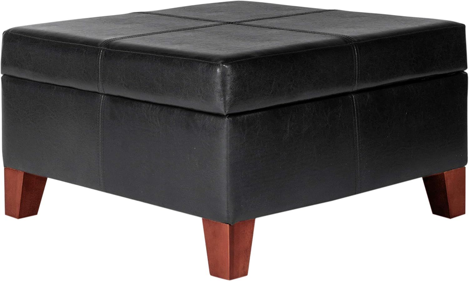 Black Faux Leather Square Storage Ottoman with Rosewood Legs