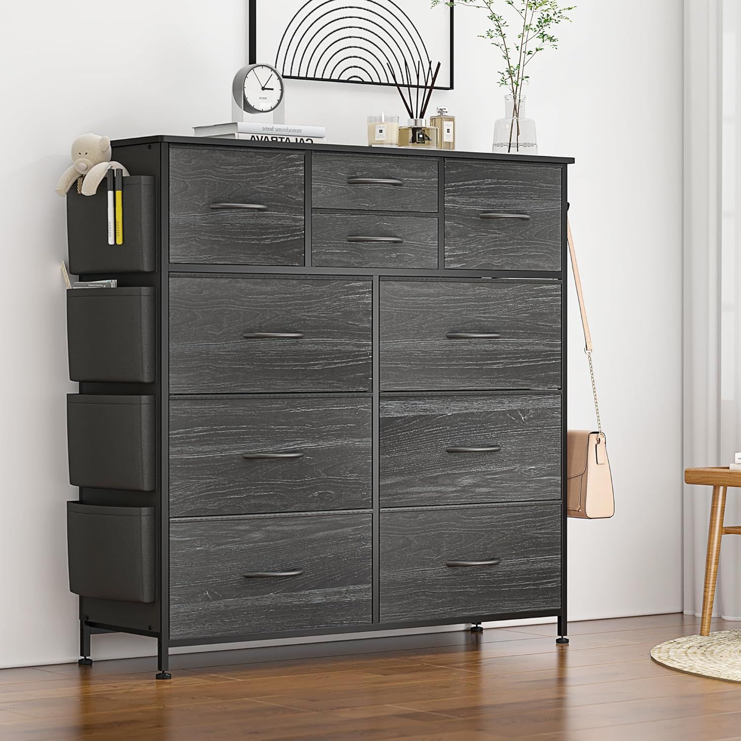 Black Wood Grain Tall Dresser with 10 Drawers and Side Pockets