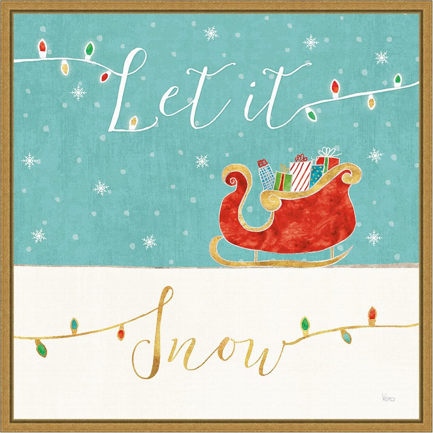 Let It Snow Christmas Sleigh Framed Canvas Print with Gold Frame