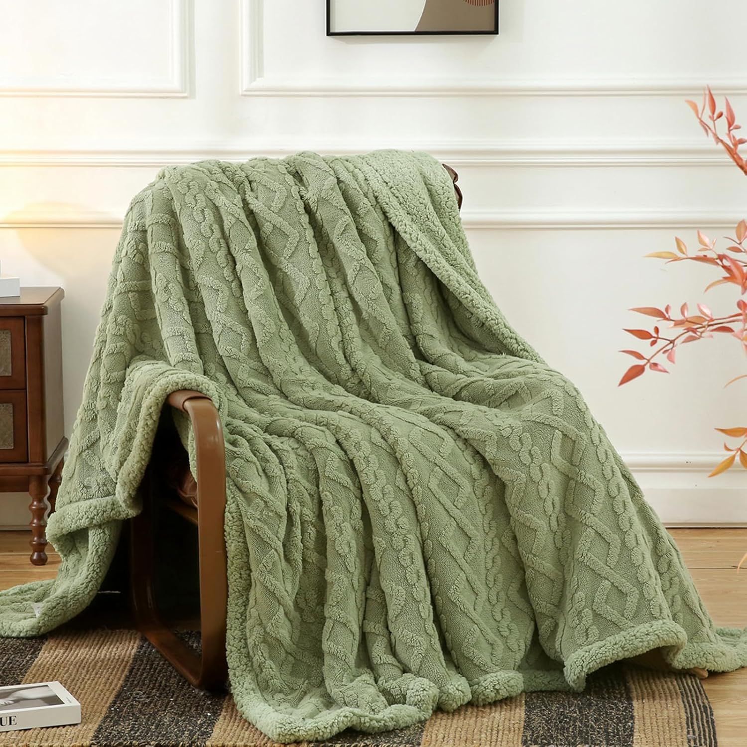 Sage Green Sherpa Fleece Reversible Throw Blanket 80" x 60"