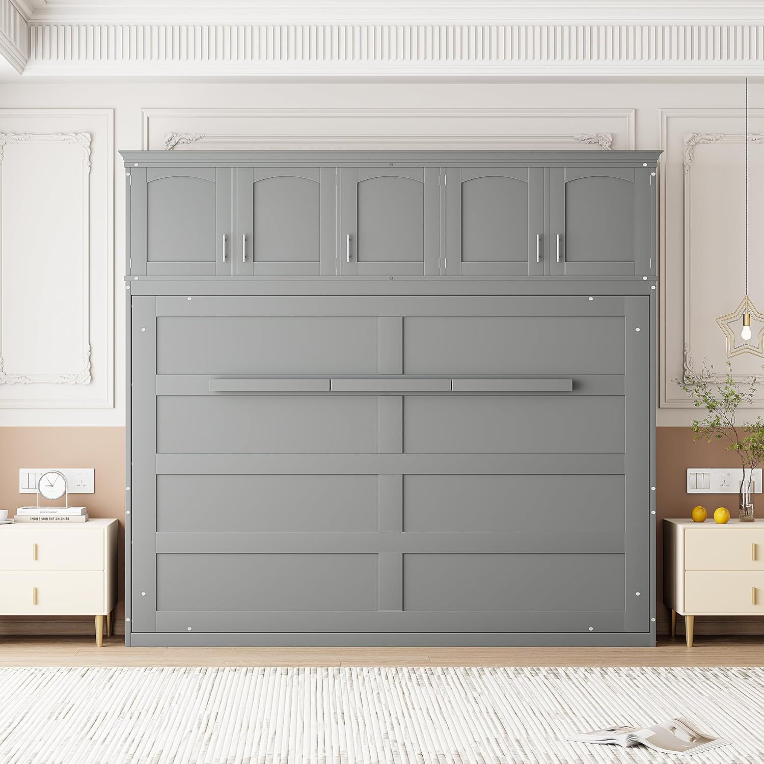 Gray Queen Size Murphy Bed with Storage Cabinets