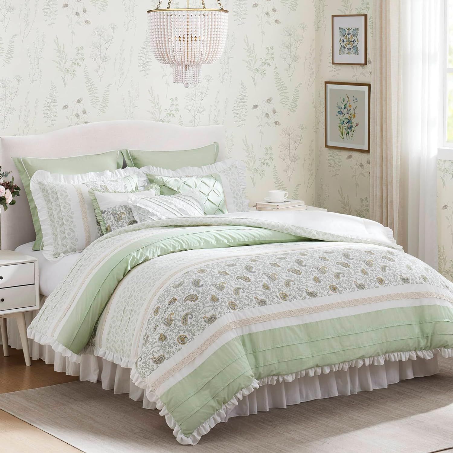 Sage Green Cotton King Reversible Comforter Set with Decorative Pillows