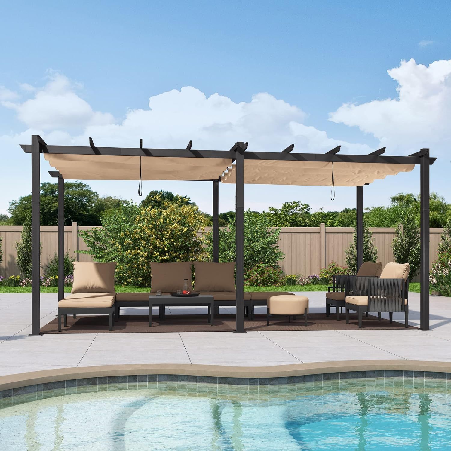 Beige 10' x 18' Aluminum Pergola with Retractable Canopy