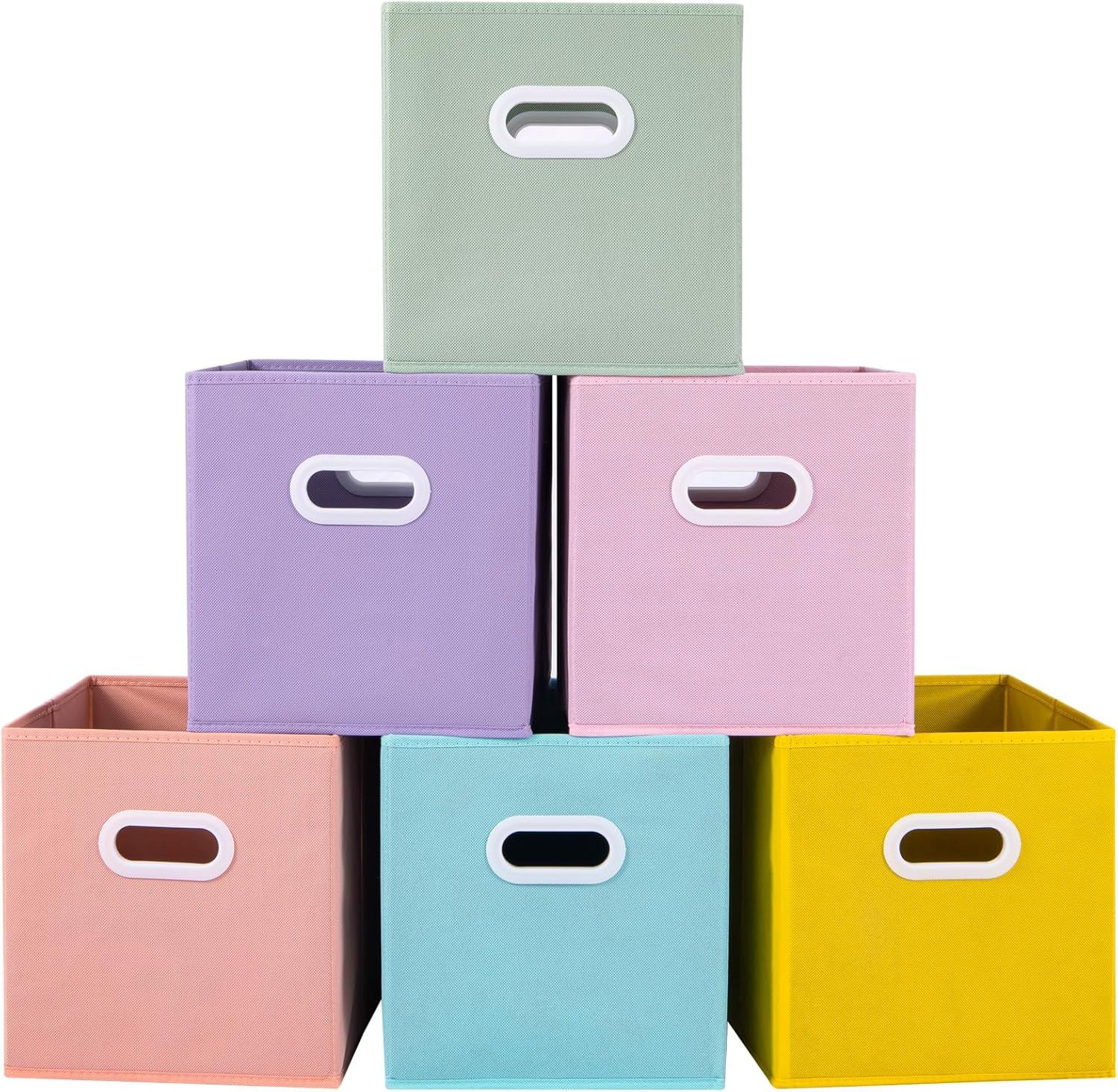 Colorful Fabric Square Storage Bins with Handles, Set of 6