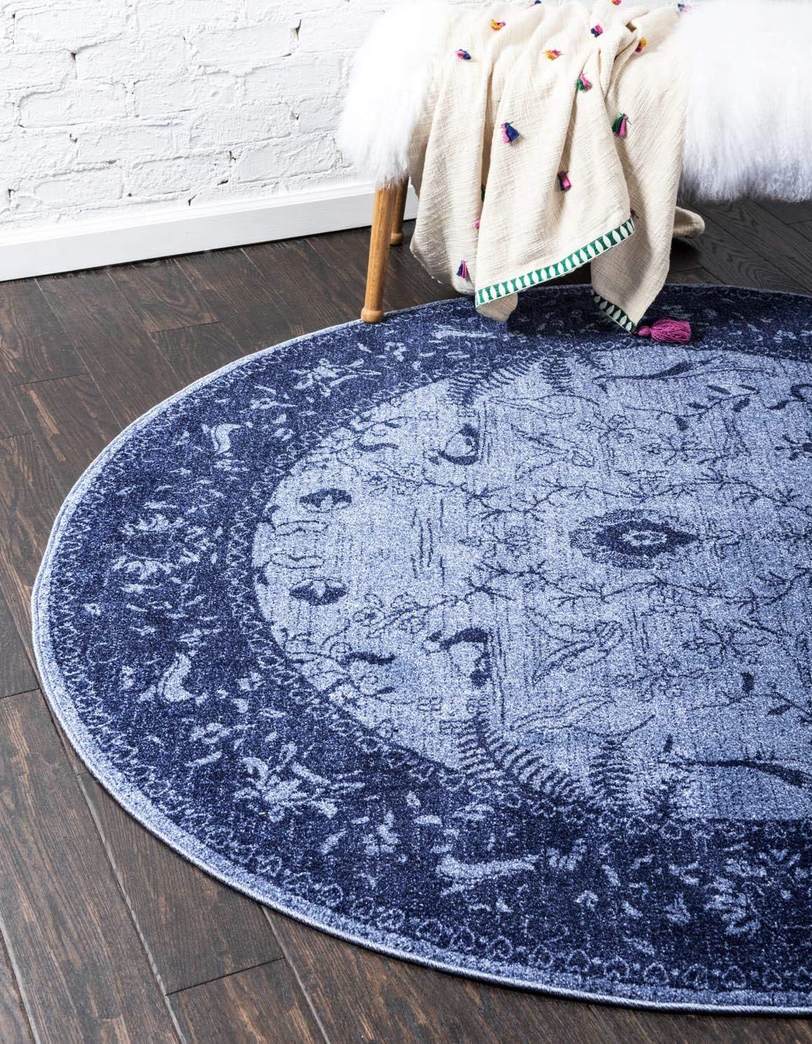 Round Blue Floral Synthetic Easy Care Area Rug