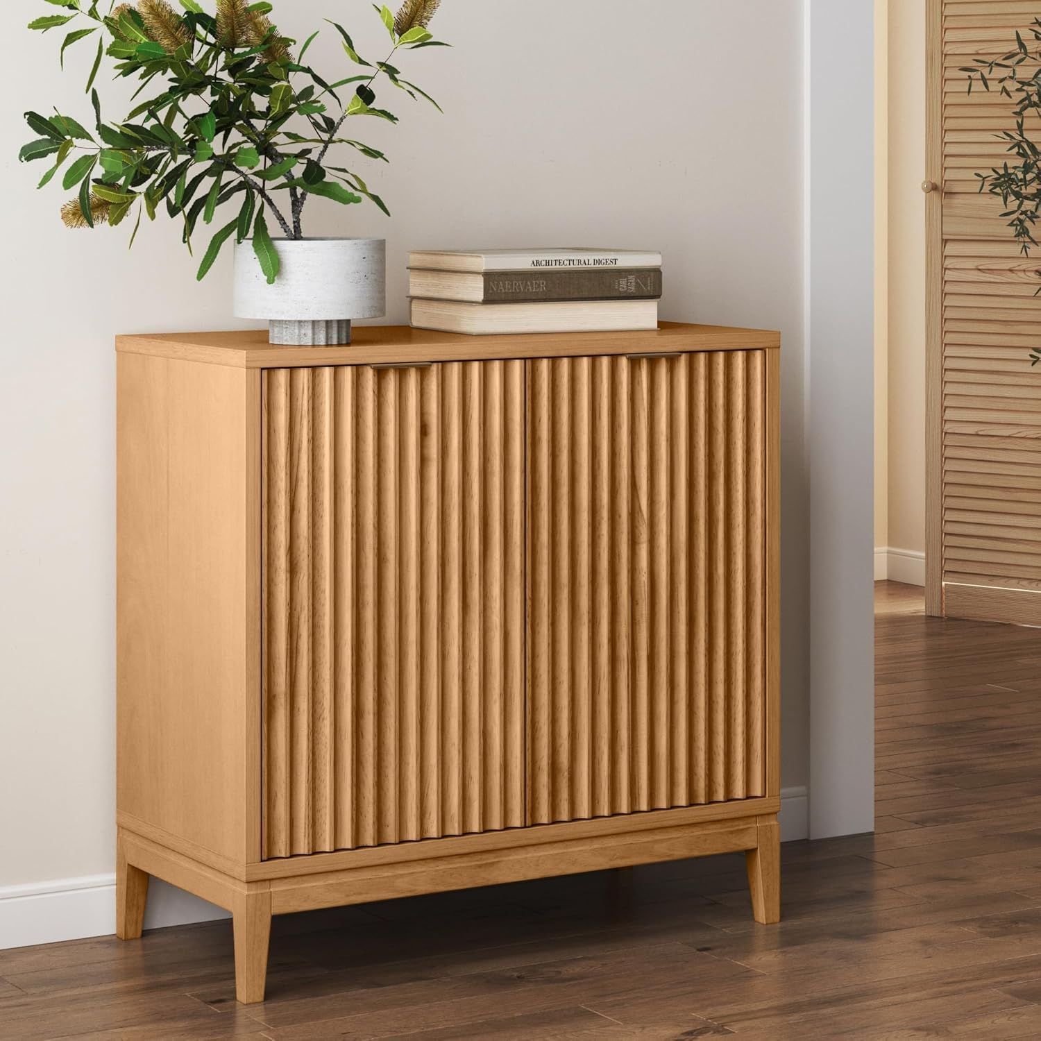 Black Oak-Gold Fluted Wood Sideboard with Storage