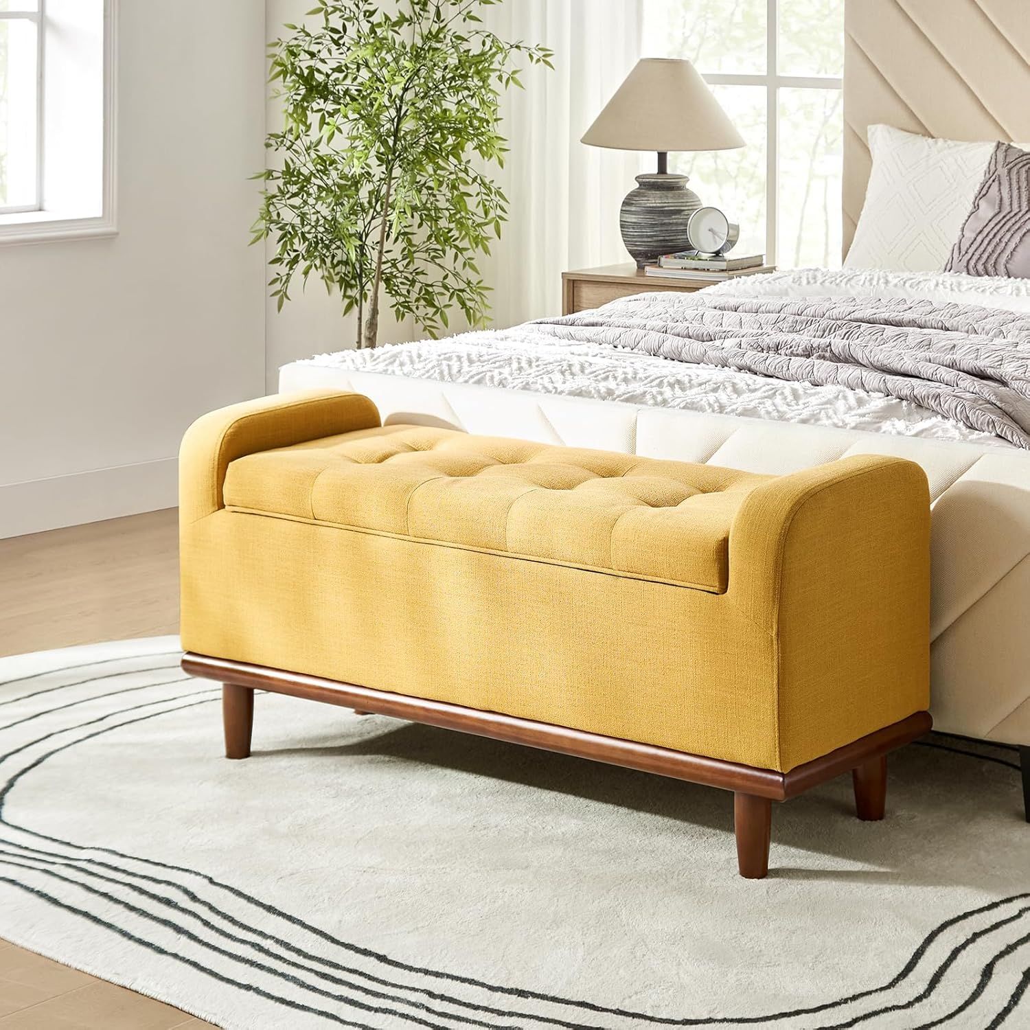 Mustard Upholstered Storage Bench with Walnut Wood Legs