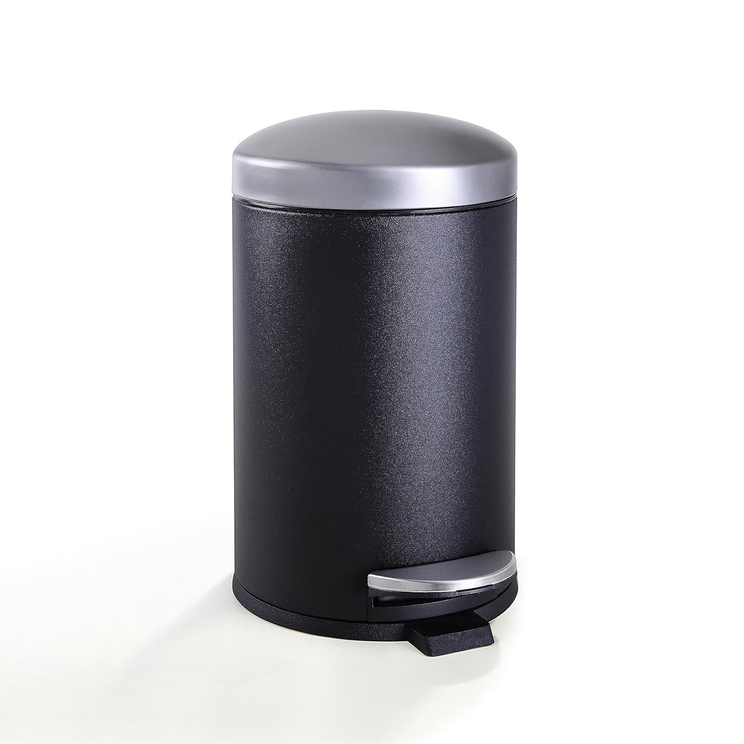 Compact Black and Silver Steel Step Trash Can with Slow Close Lid