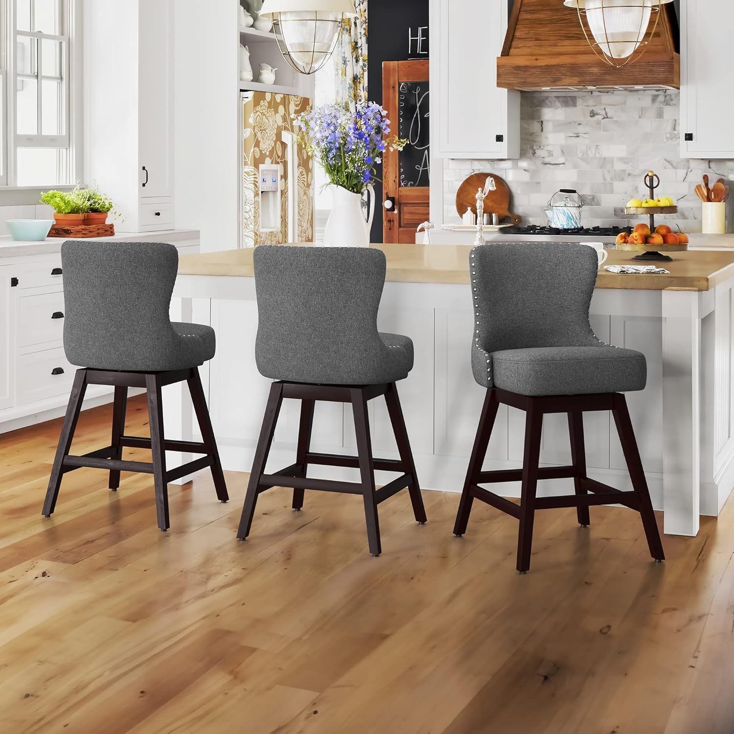 Gray Linen Swivel Counter Height Bar Stools with Wood Legs, Set of 3