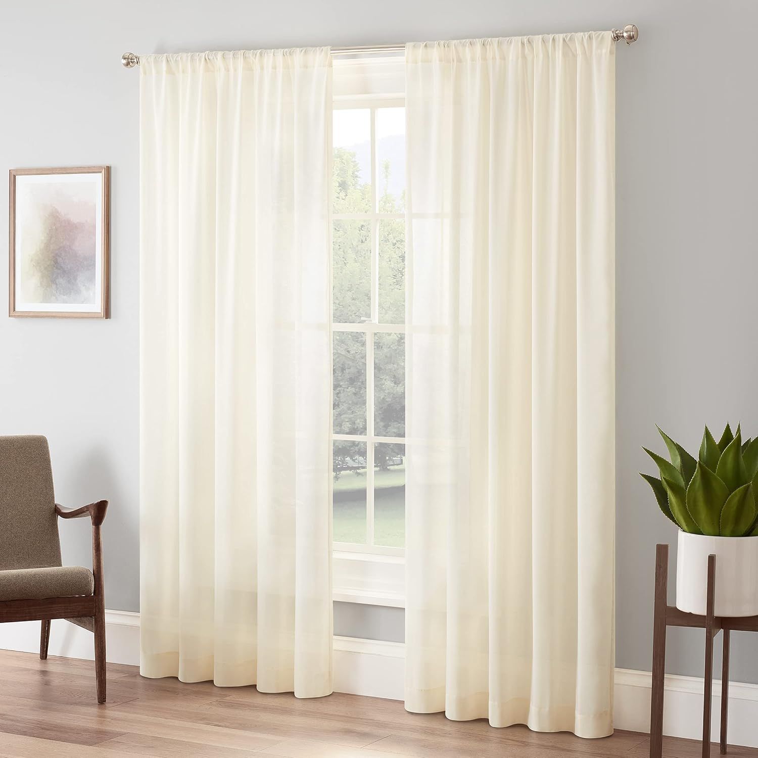 Ivory Sheer Polyester Rod Pocket Ground Length Curtain Panel