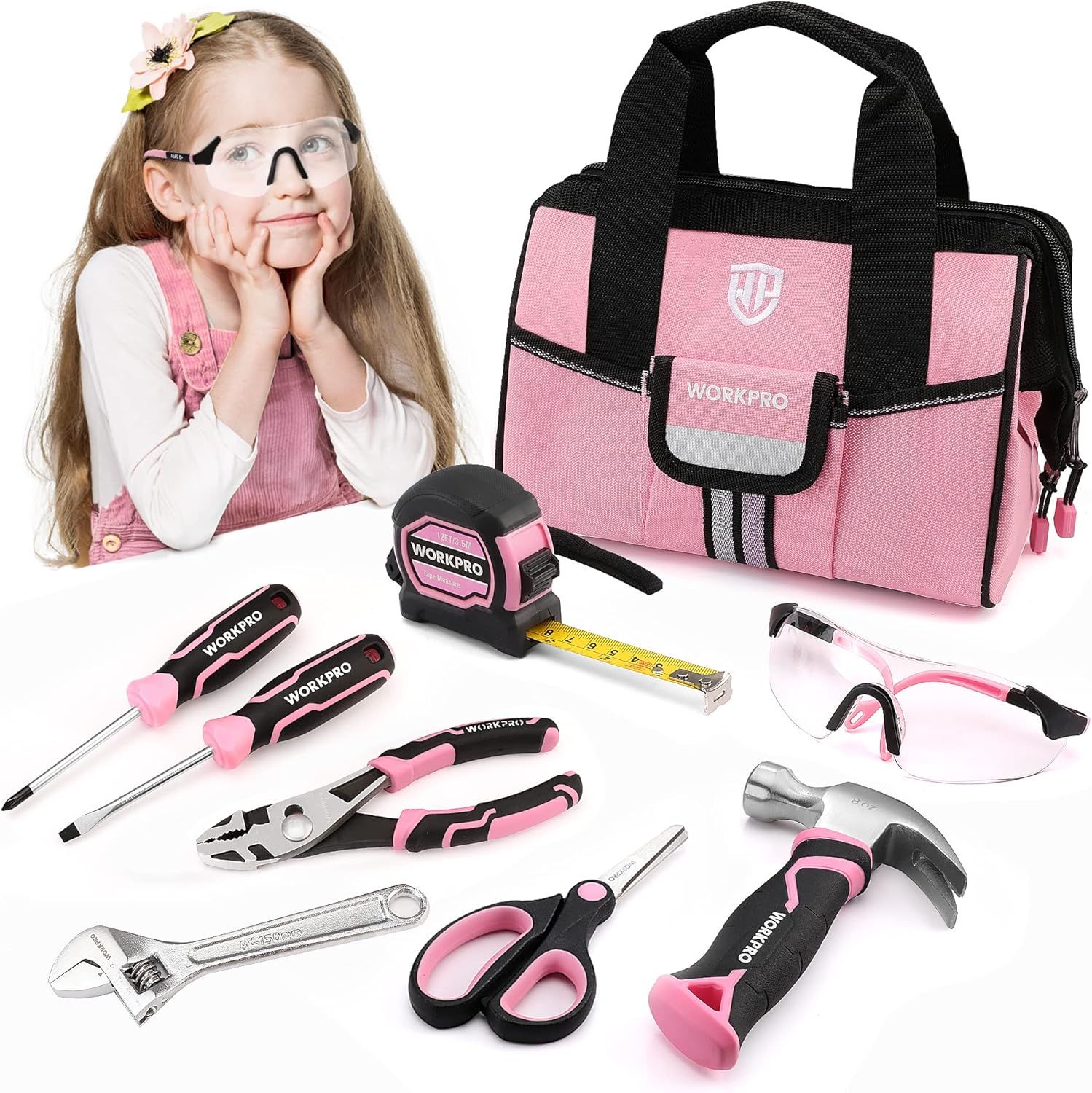 WORKPRO 9-Piece Pink Kids Hand Tool Set with Storage Bag