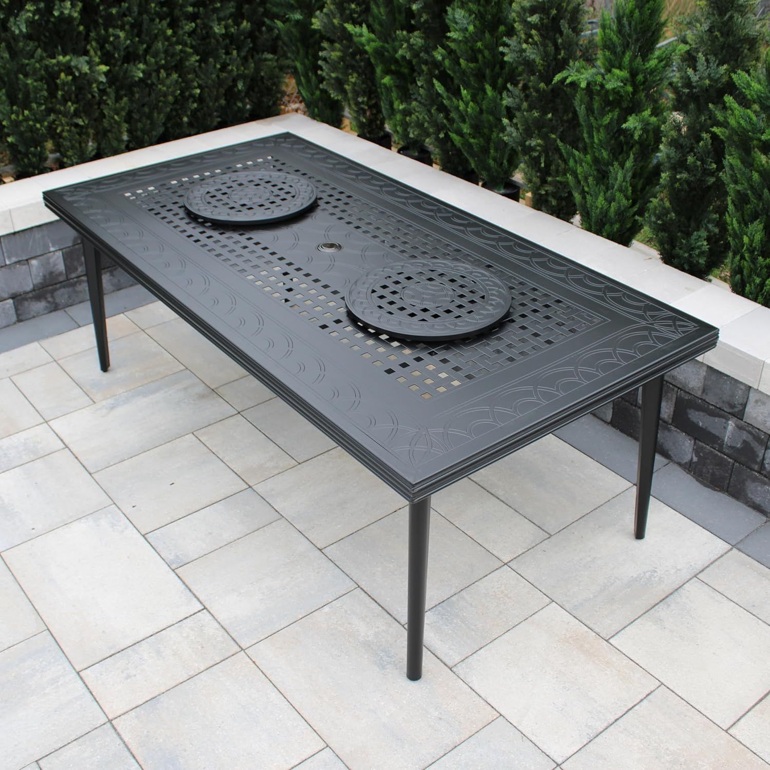 Black Aluminum 84-Inch Outdoor Patio Dining Table with Lazy Susans