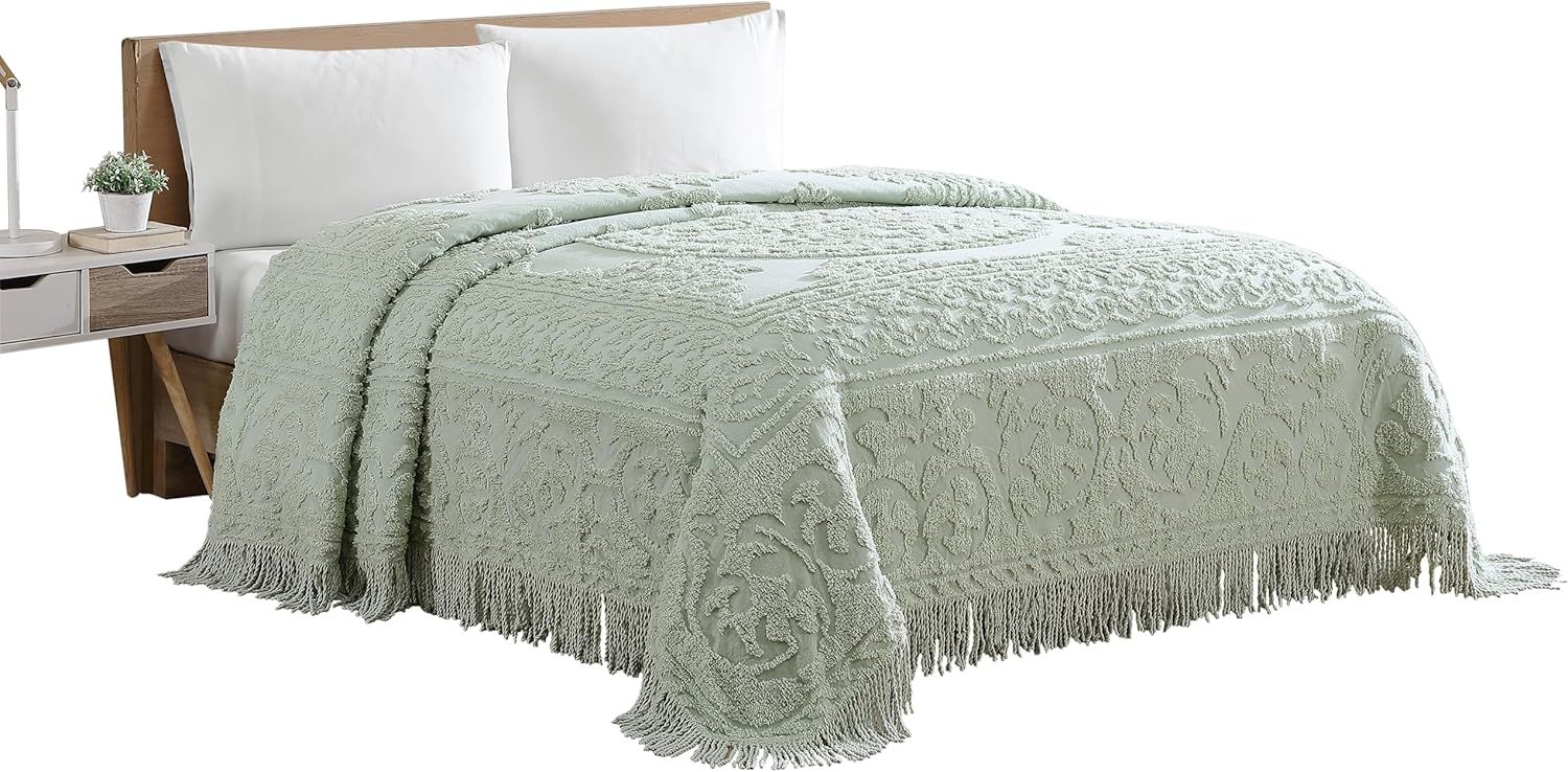 Sage Green Cotton Chenille Full Bedspread with Fringe