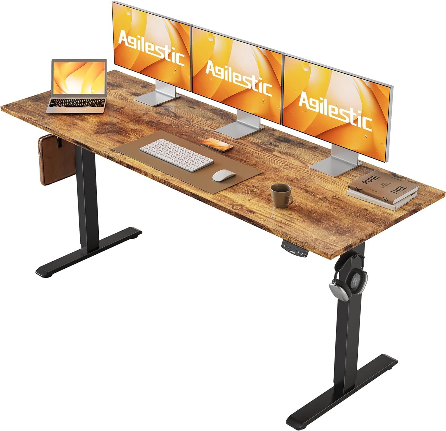 Rustic Brown Adjustable Height Standing Desk with Cup Holder and Headphone Hook